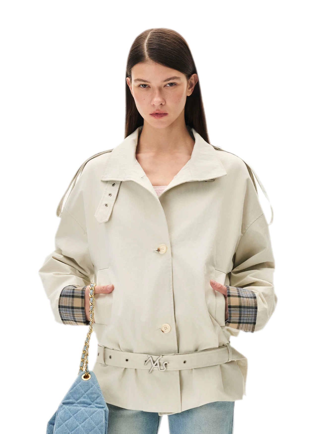 Contrast Plaid Belted Mid-Length Jacket