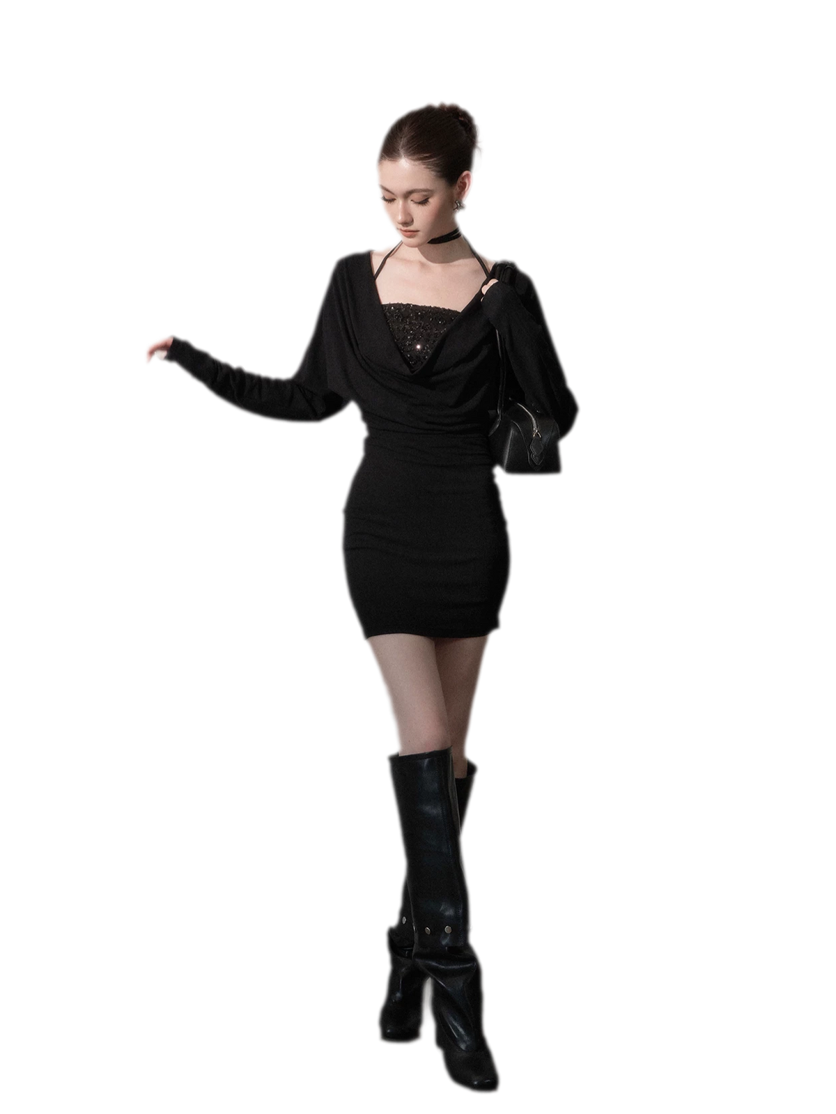 Sequined Draped Cowl Bodycon Dress