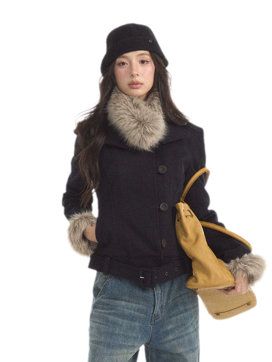 Detachable Fur Collar Twill Coat