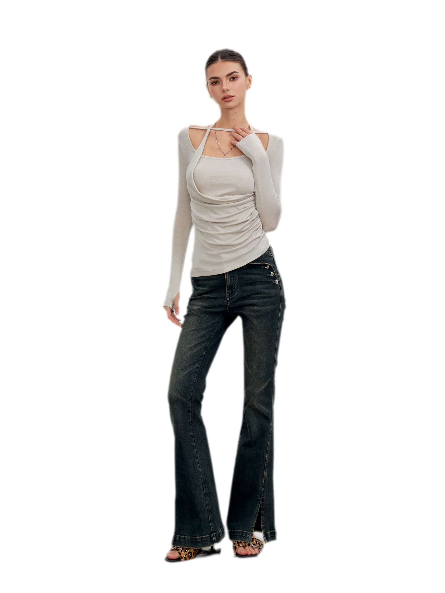Washed Slit Flare Jeans