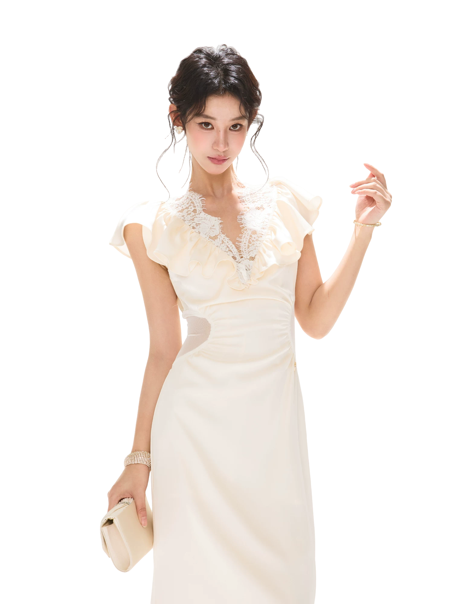 Lace V-Neck Ruffled Waist-Detail Midi Dress