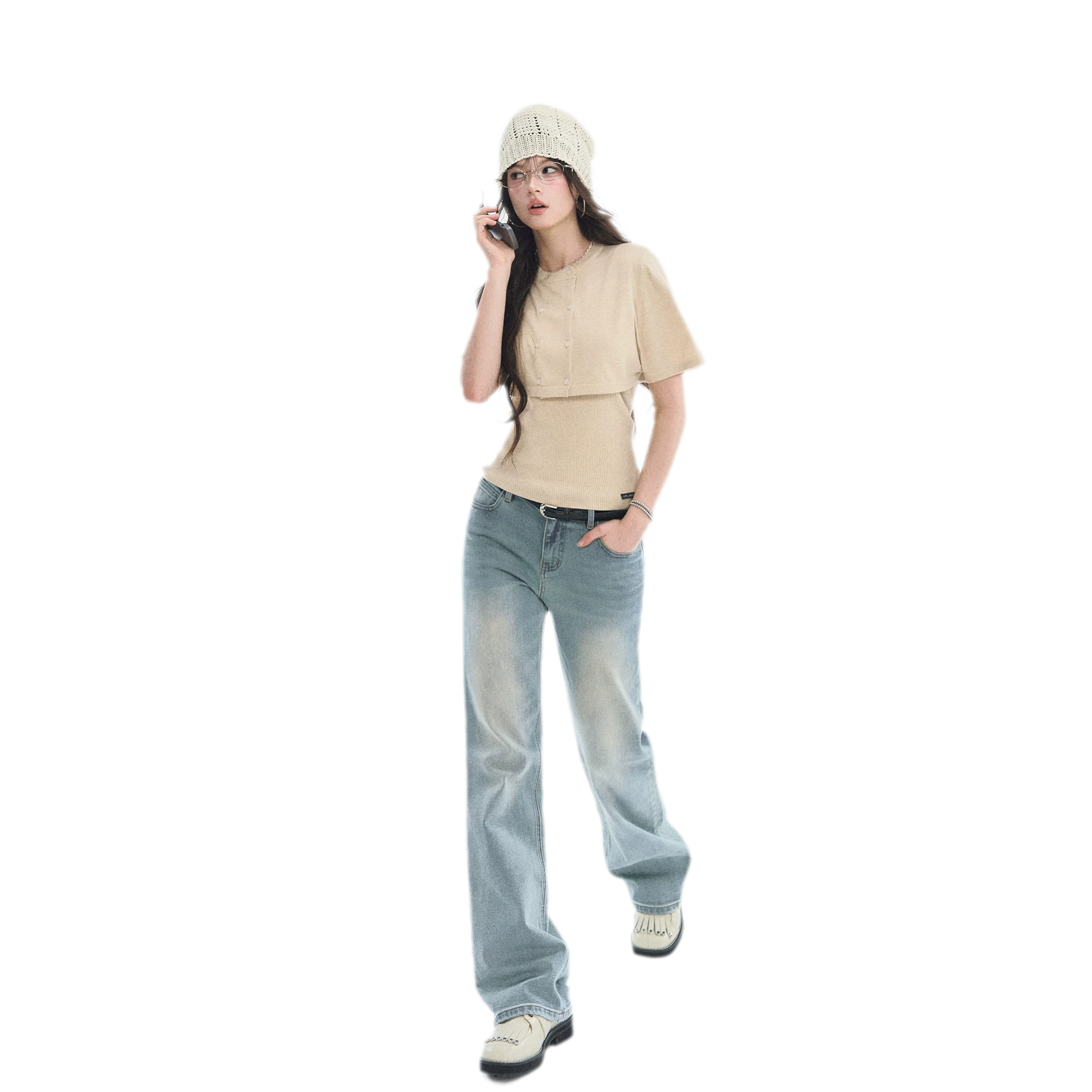 Washed Bow Embroidery Jeans