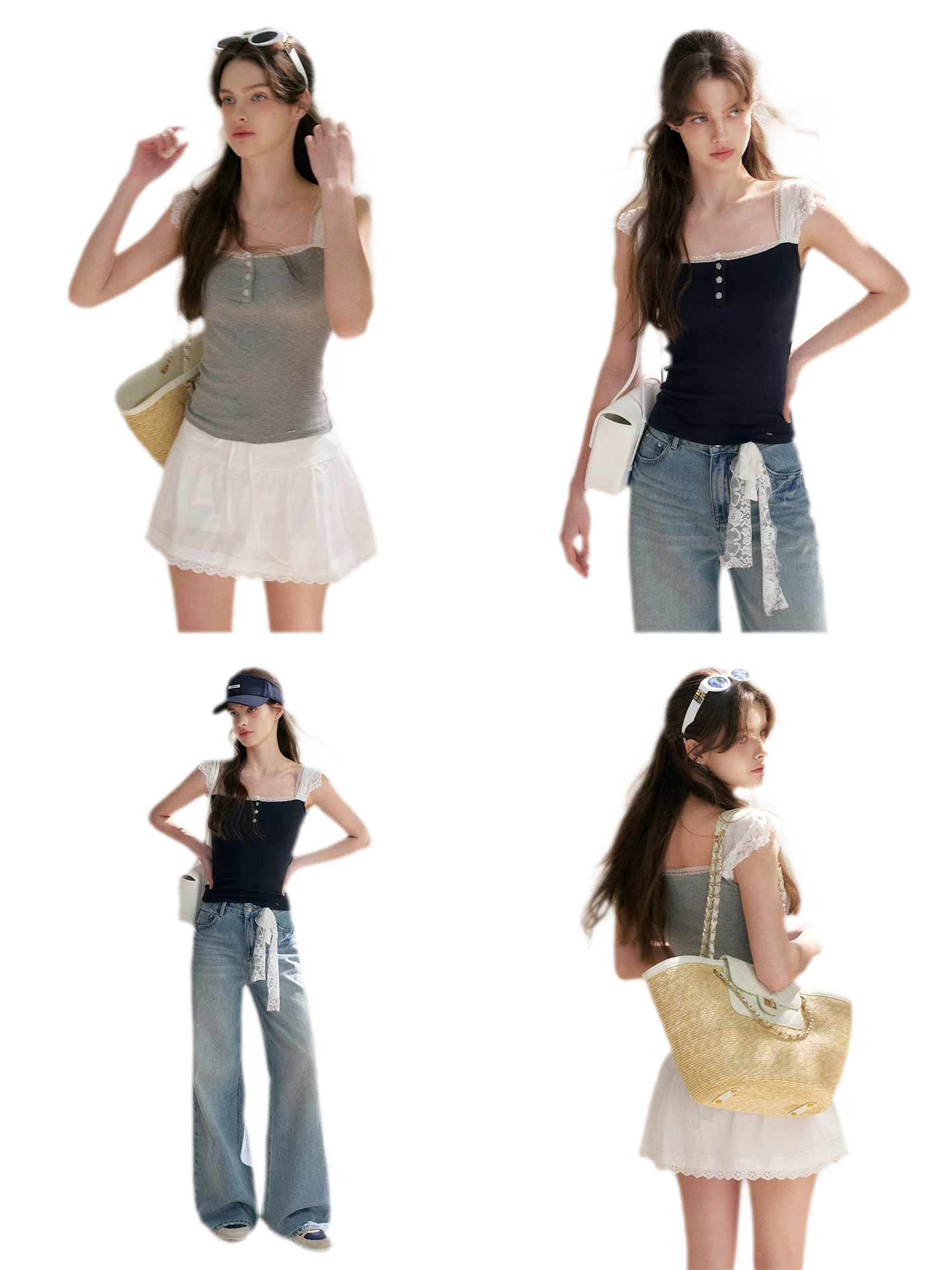 Lace Edge Wide Strap Knit T-Shirt