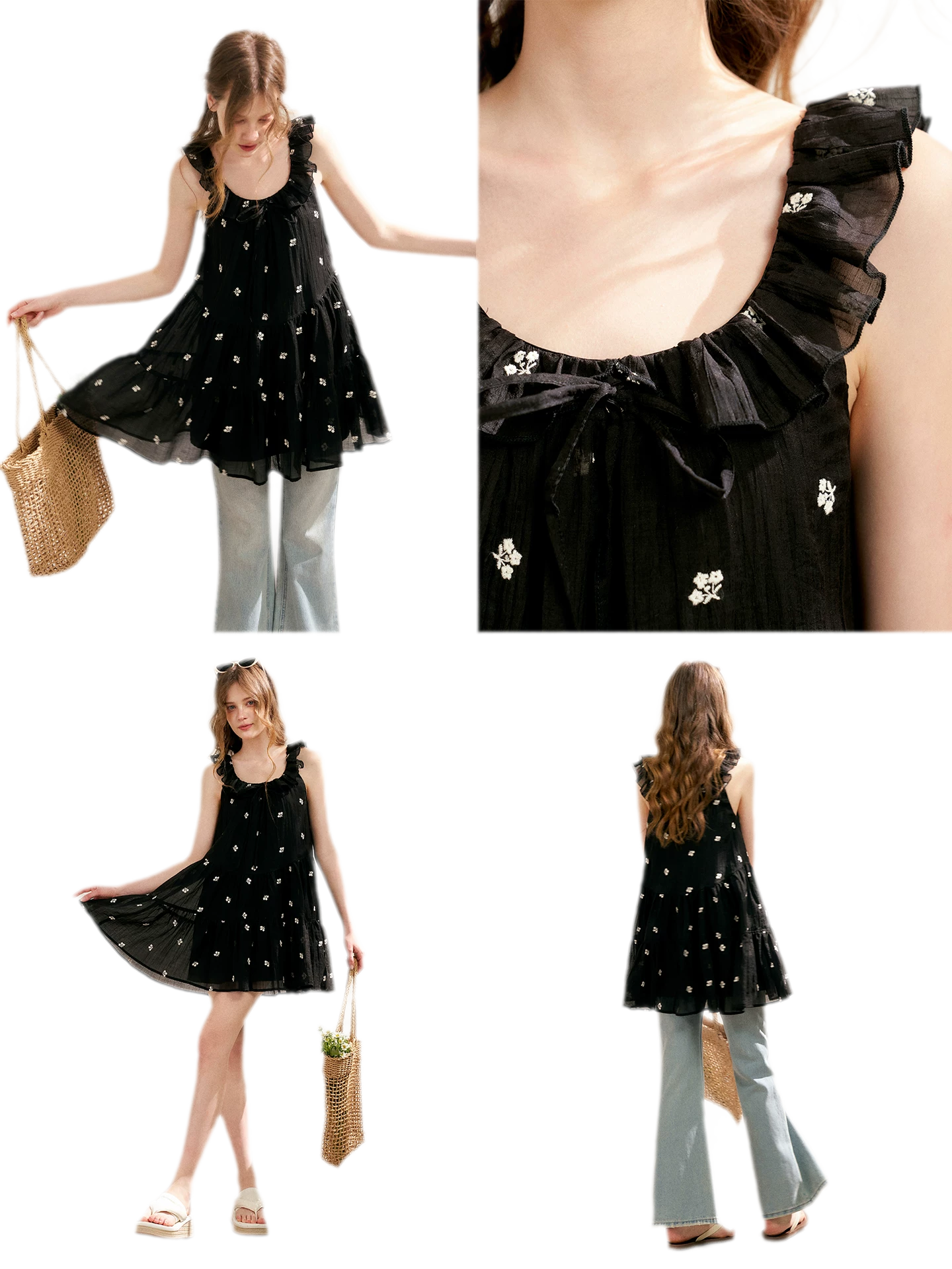 Tencel Embroidered Ruffle A-line Dress