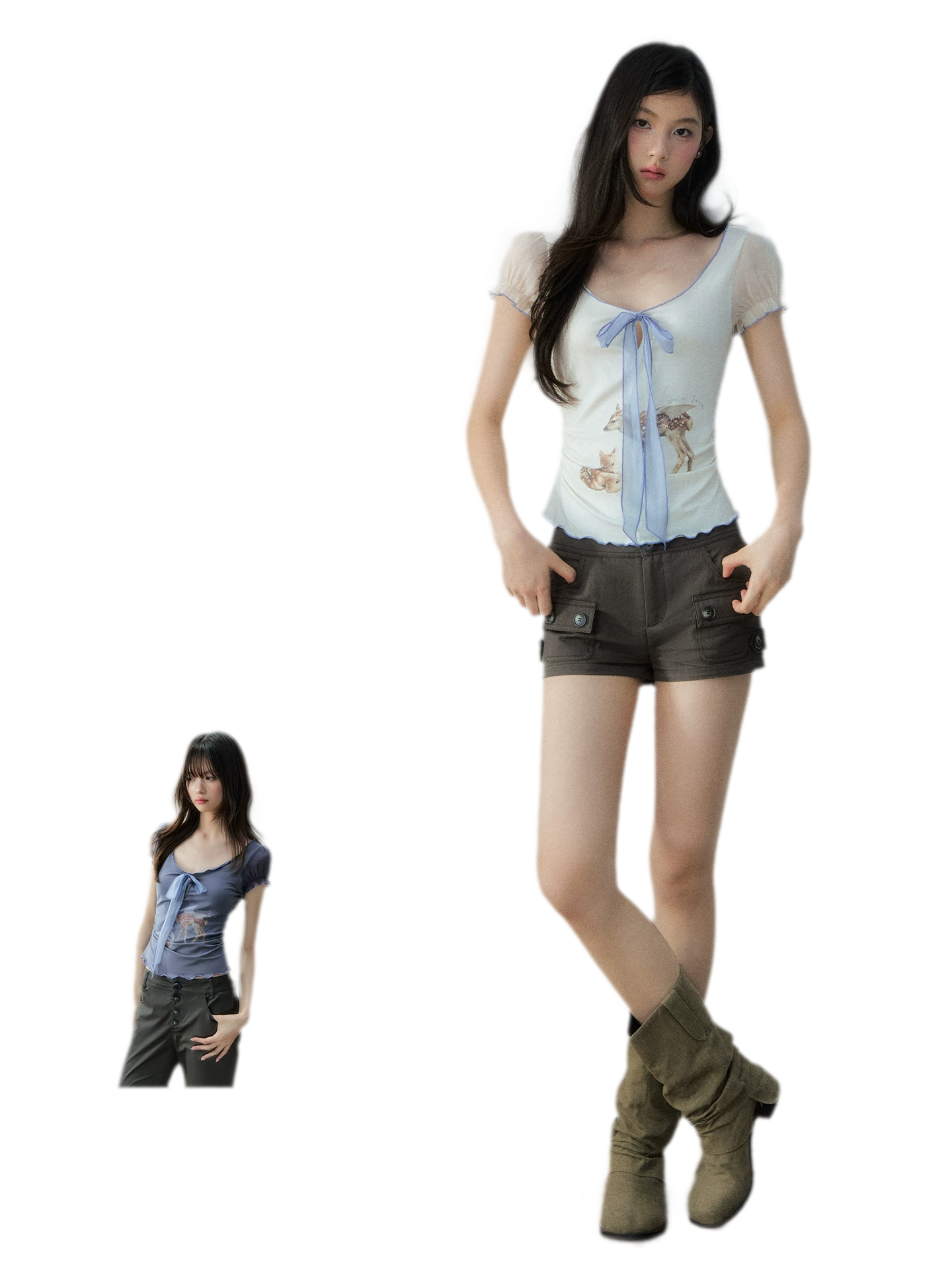 Korean Lyocell Deer Print Ribbon T-Shirt