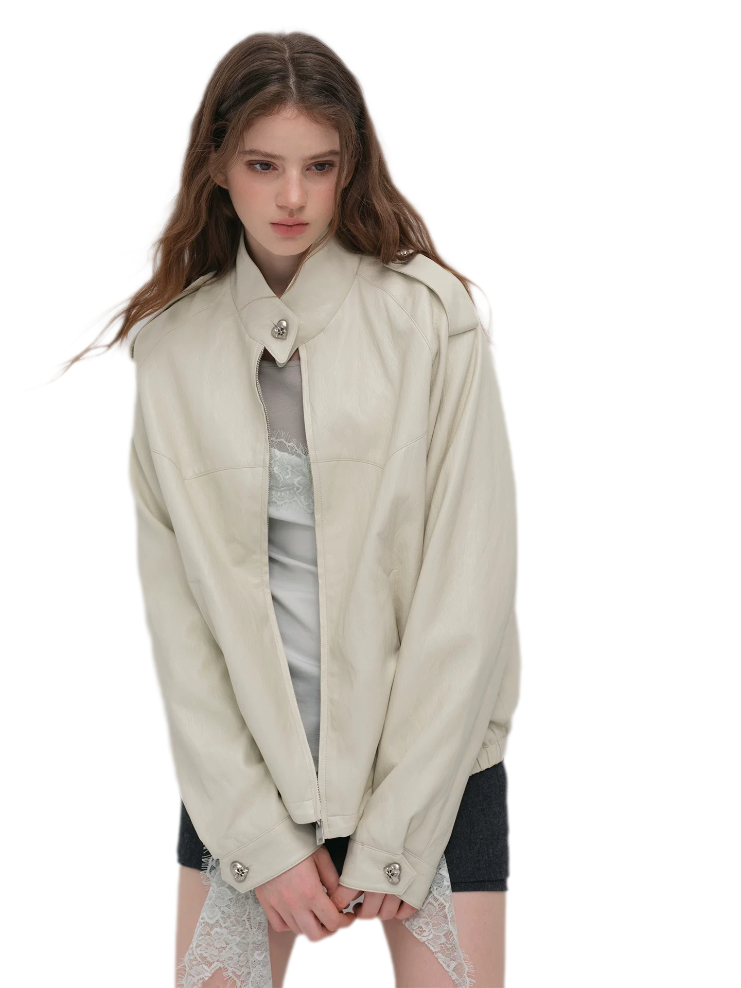 Faux-Leather Lychee-Texture Moto Jacket
