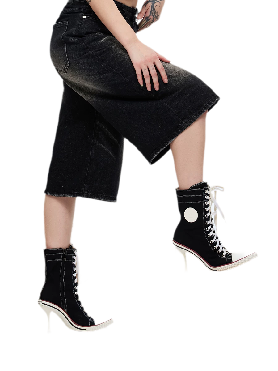 Canvas Lace-Up High-Heel Boots
