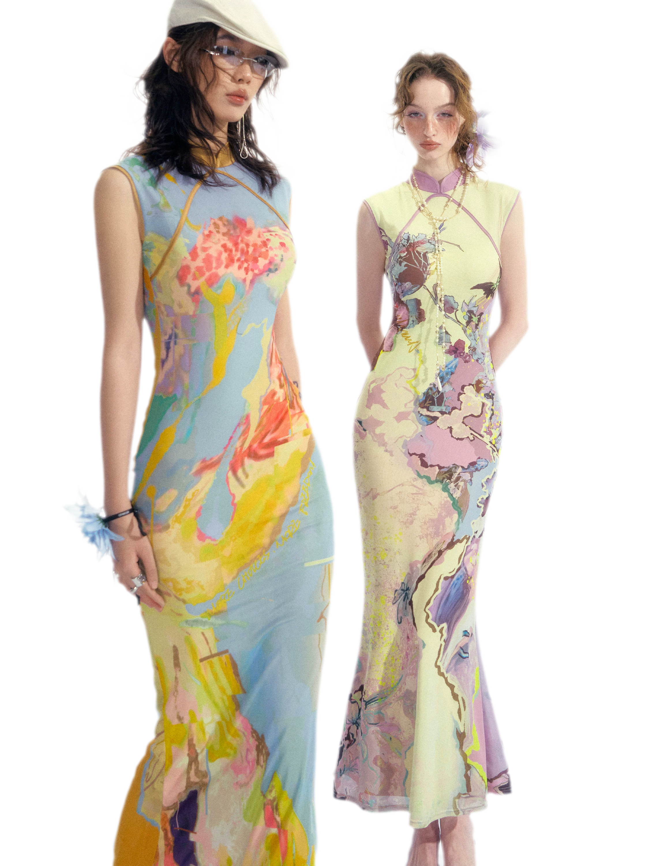 Roman Poem Printed Sleeveless Qipao Dress