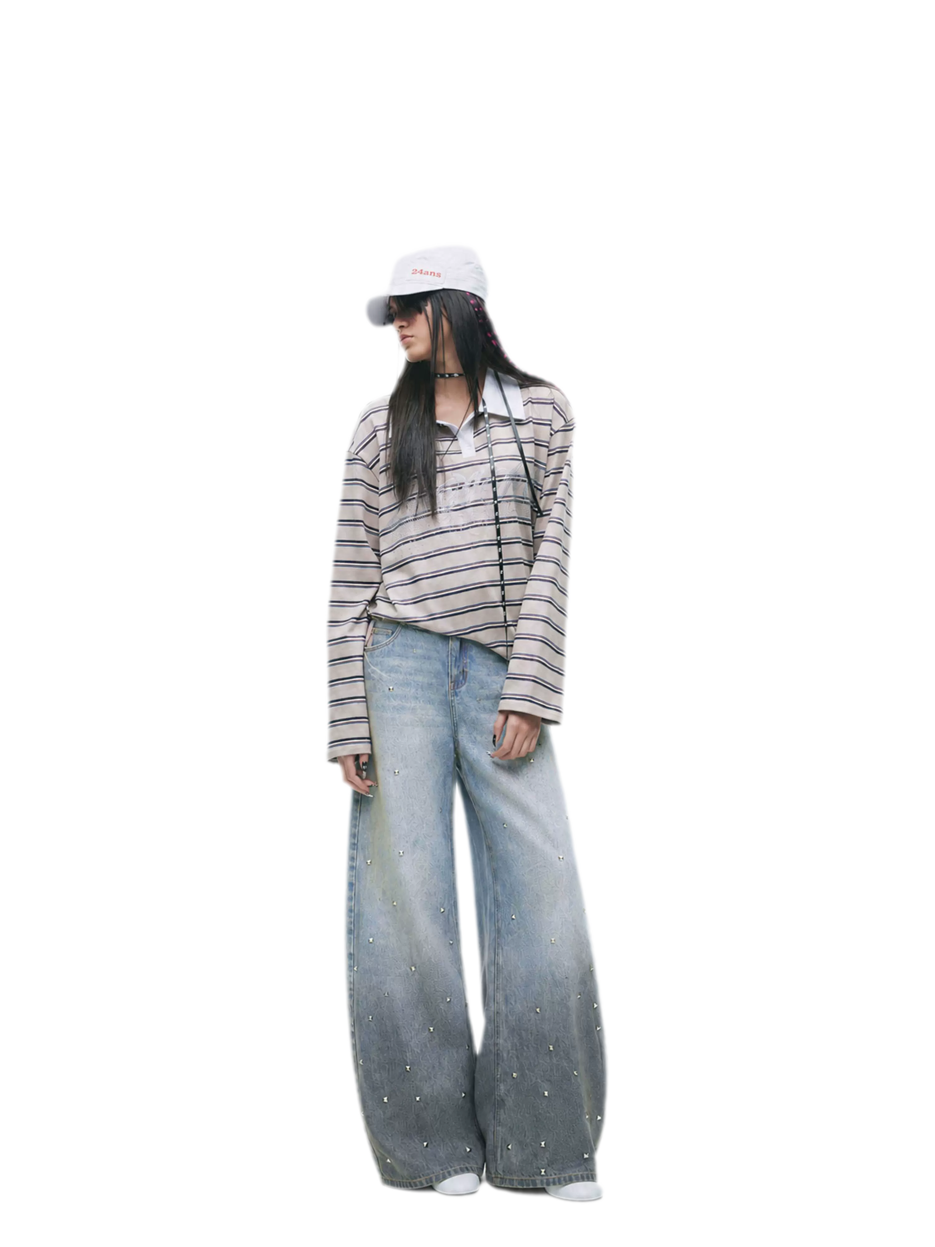 Washed Studded Wide-Leg Jeans