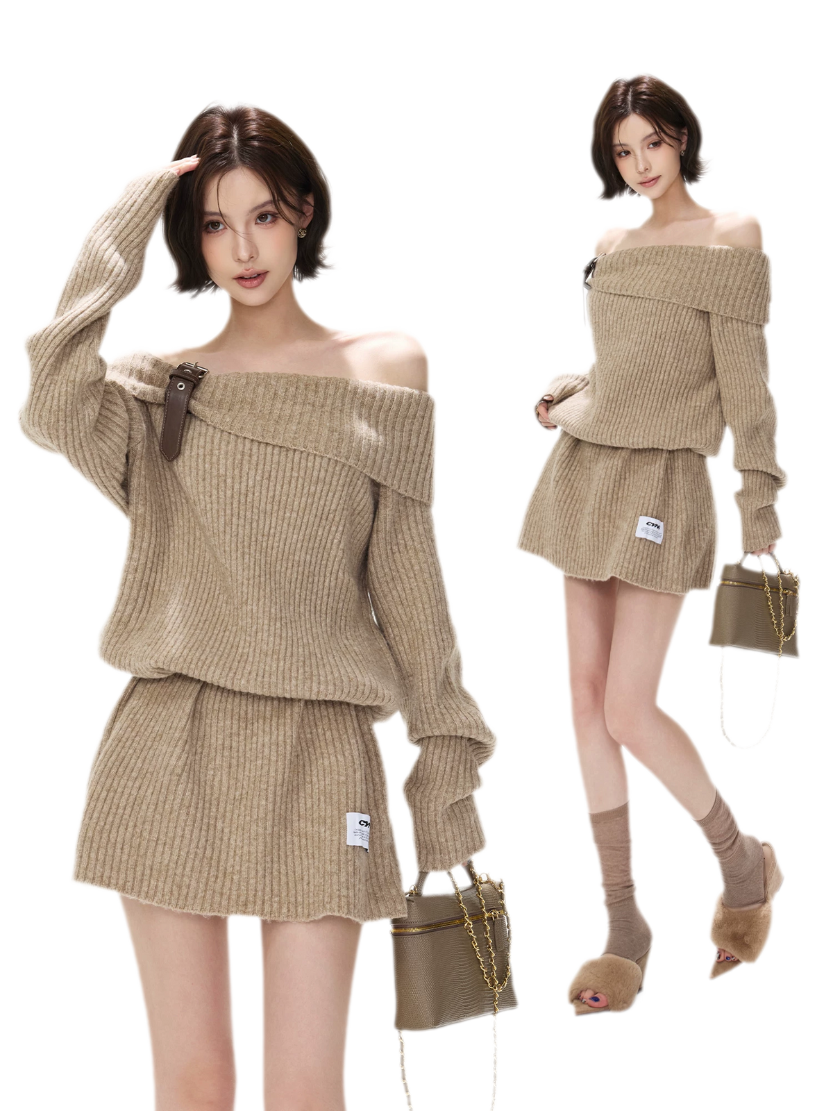 Aufgerautes geripptes One-Shoulder-Strickkleid