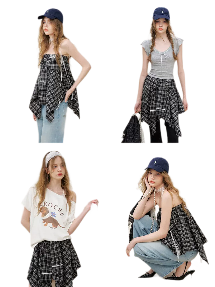 Asymmetric Lace Patchwork Plaid Skirt/Top