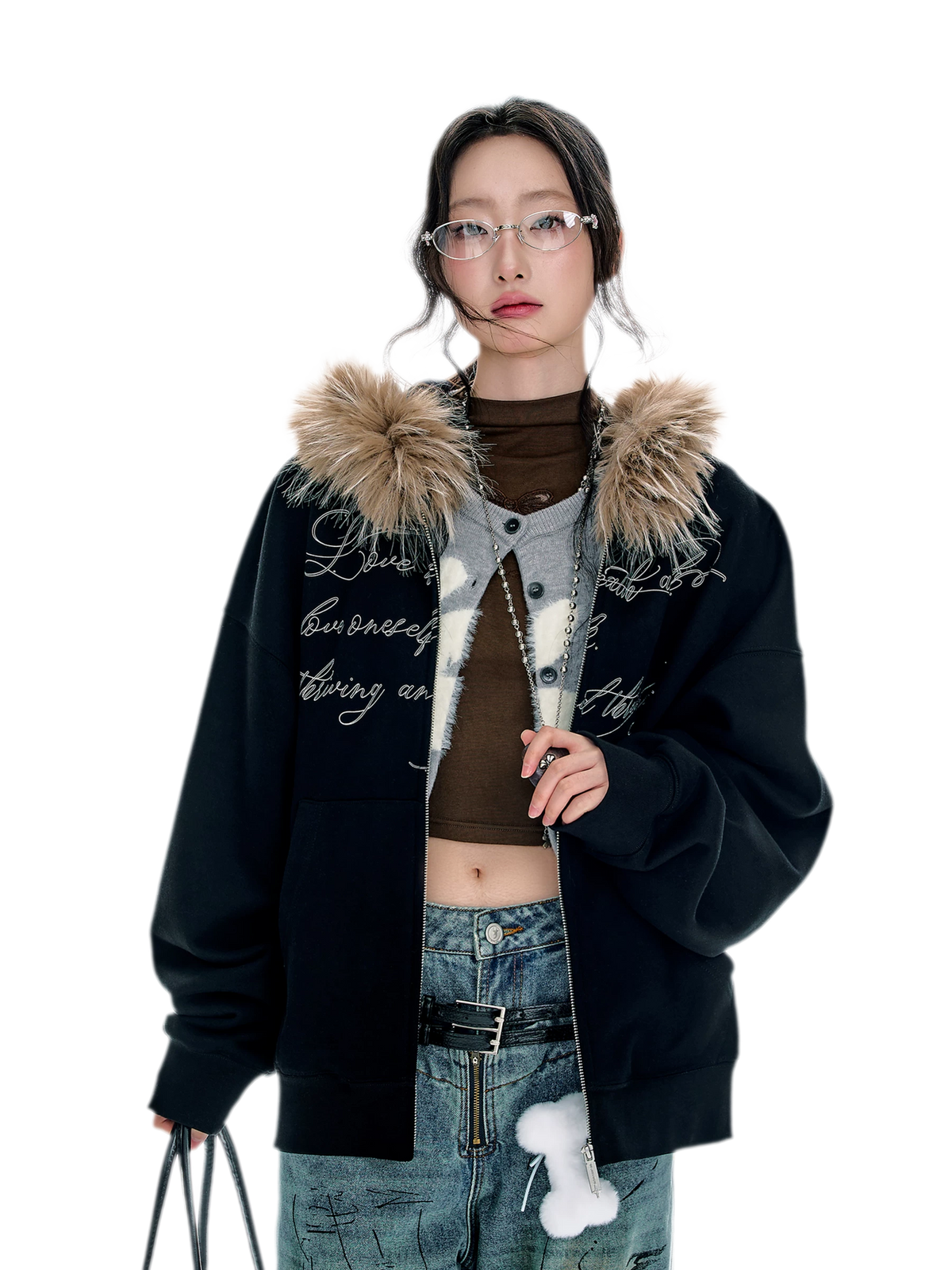 플리스 안감 퍼 트리밍 후드 재킷