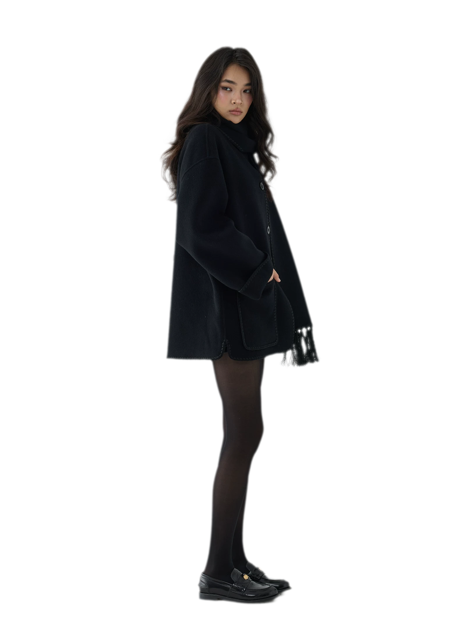Double-Faced Wool Fringe Cape Coat