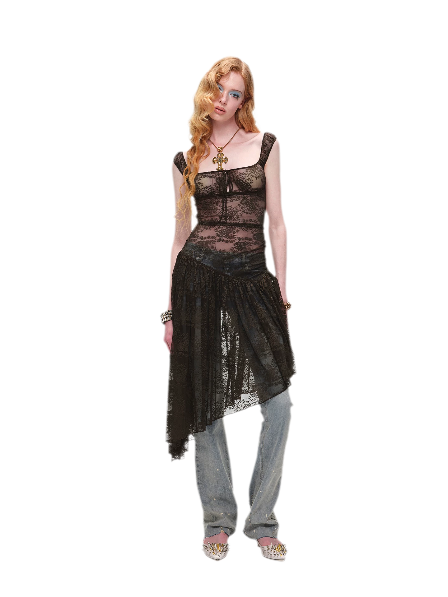 Lace Irregular Hem U-Neck Dress