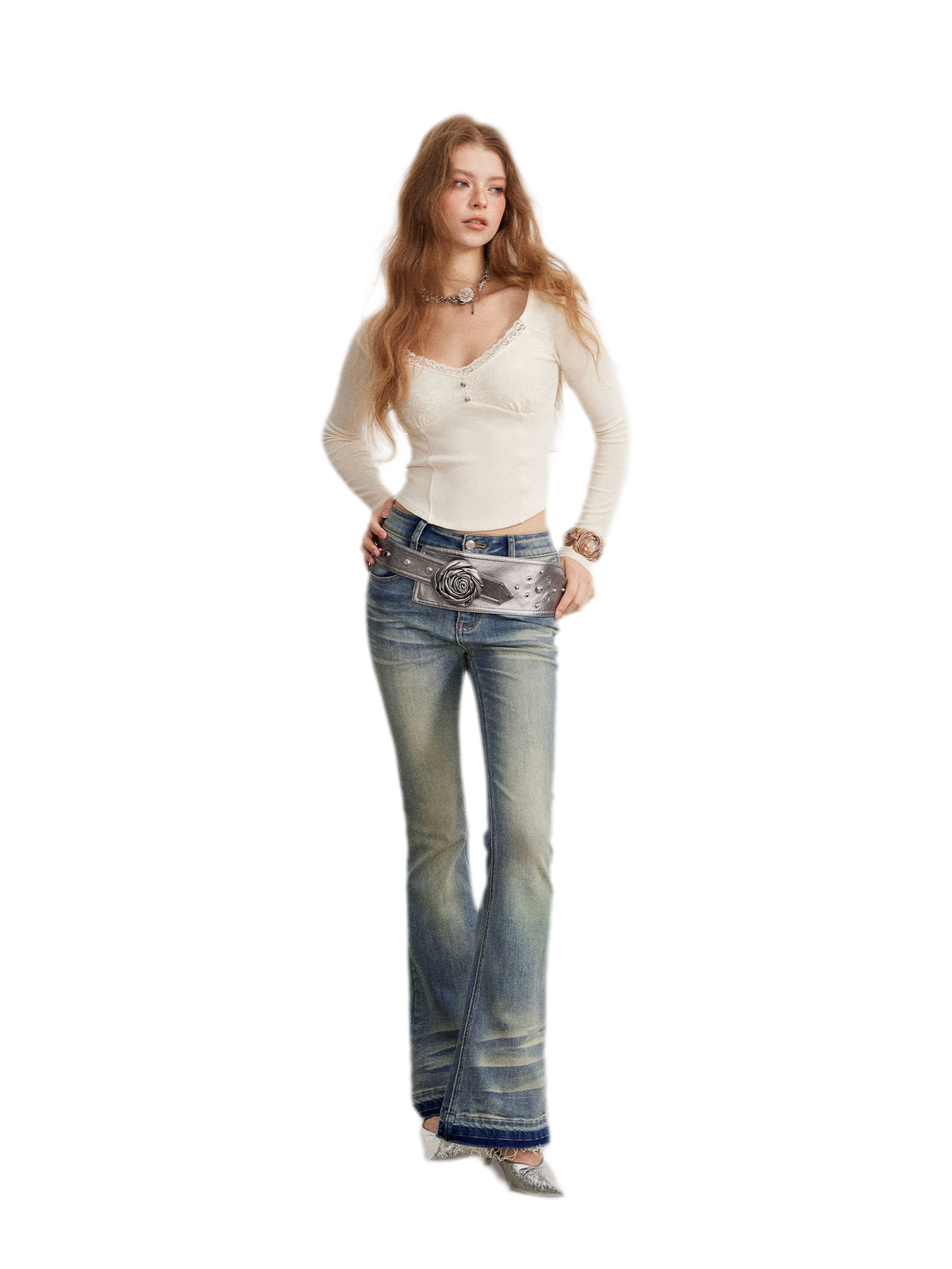 Washed Micro-Flare Contrast-Hem Jeans