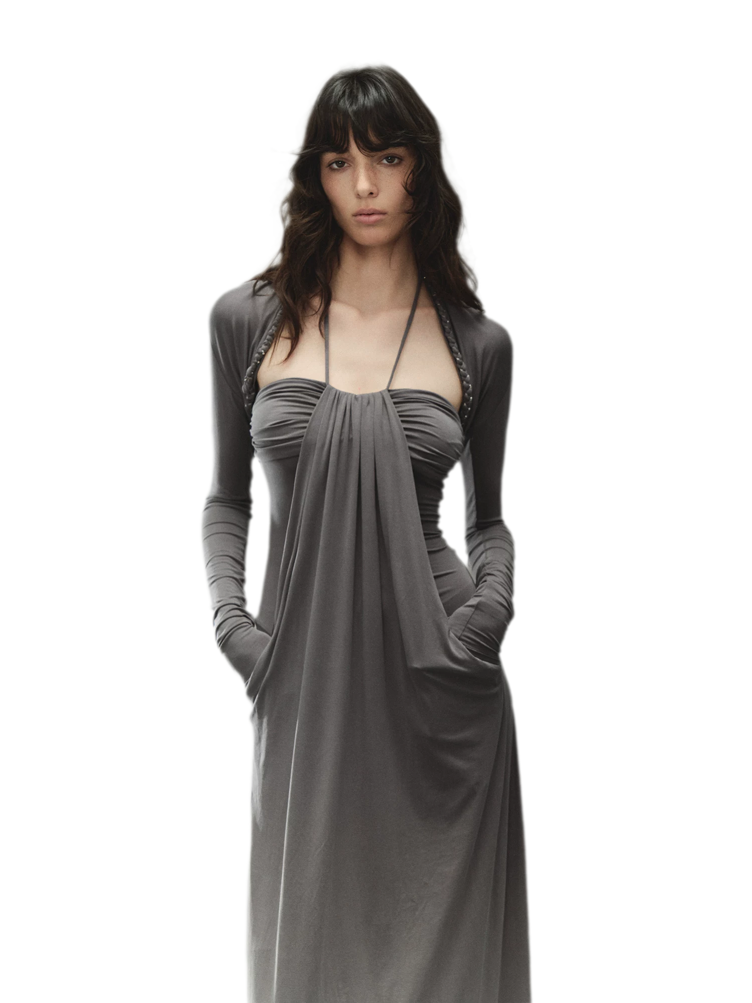 Laisel Handwoven Twist Metallic Chain Pleated Halter Dress