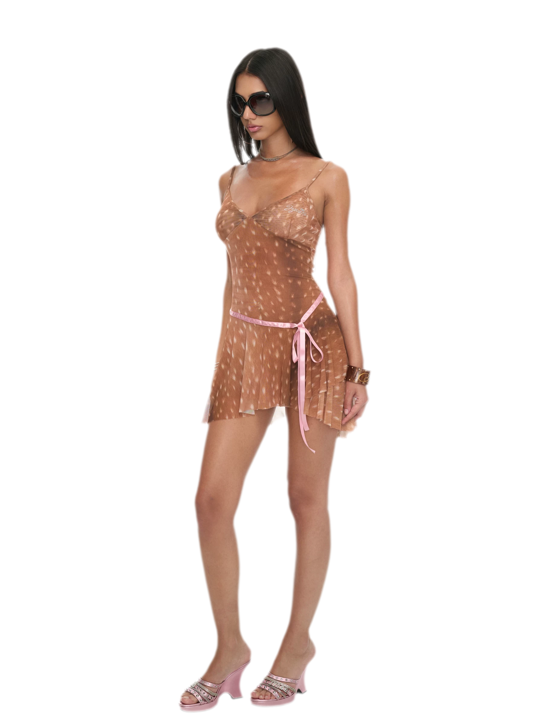 Deer Print Sheer Ribbon Dress