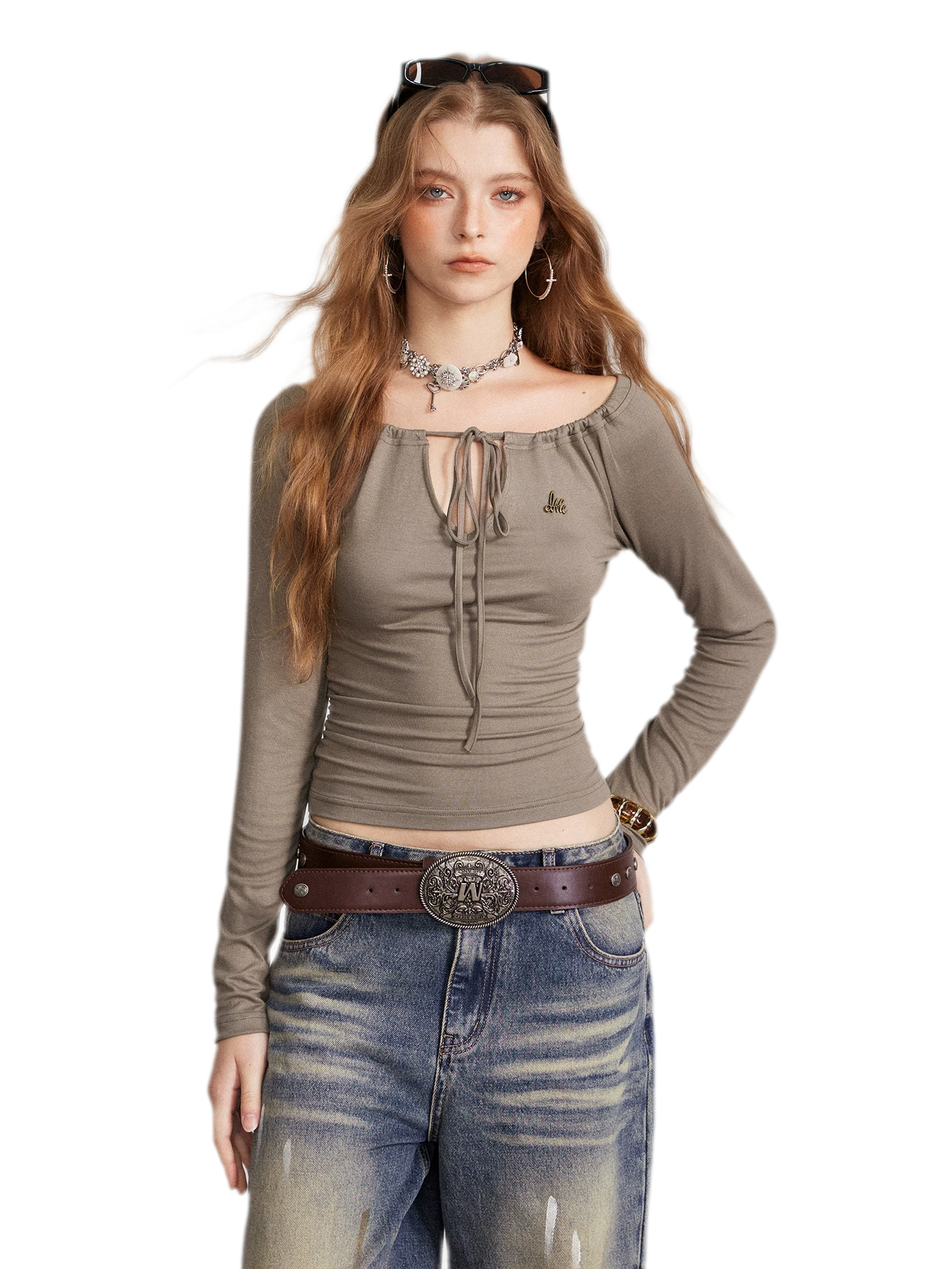 Drawstring Off-Shoulder Long-Sleeve Top
