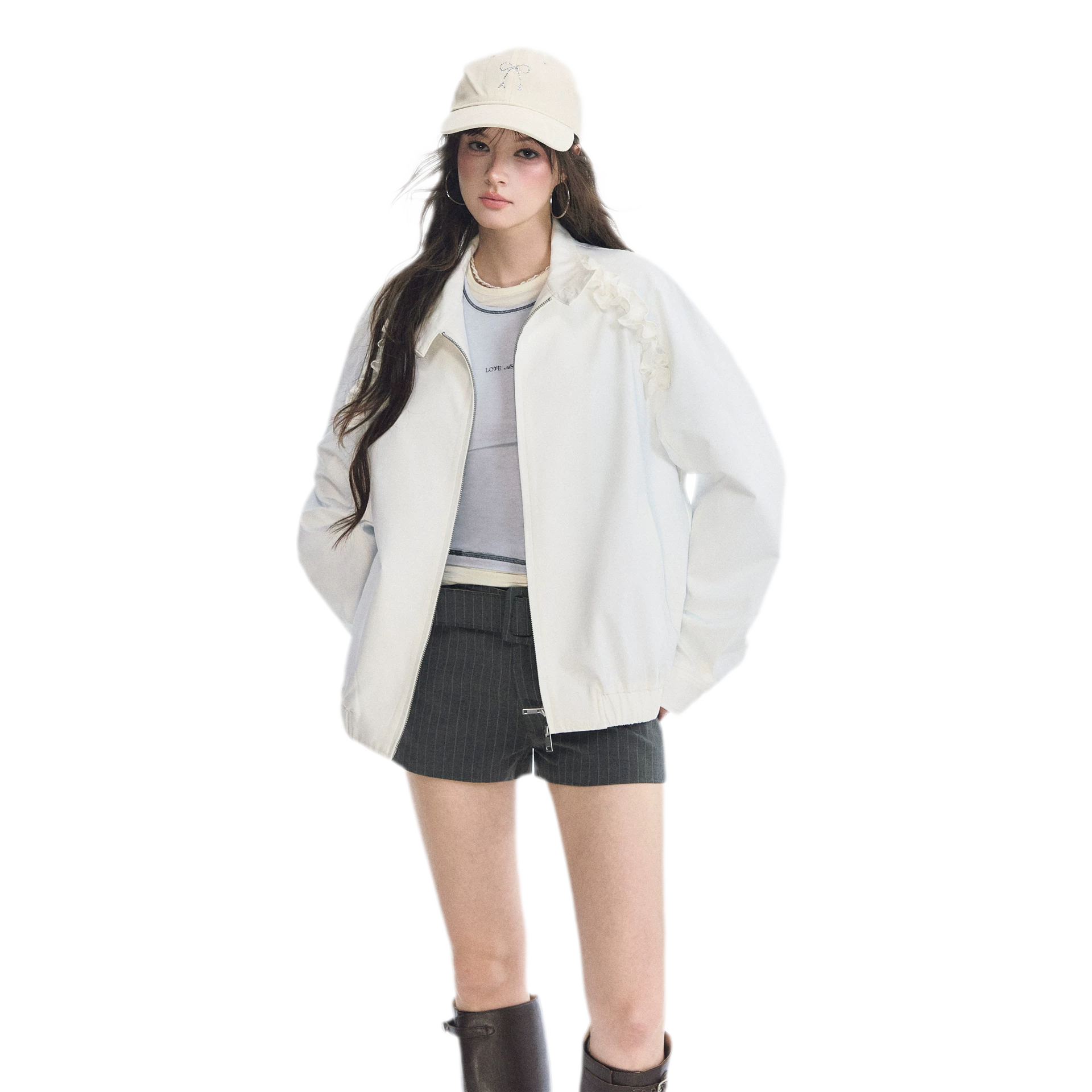 Ruffled Stand Collar Harrington Jacket