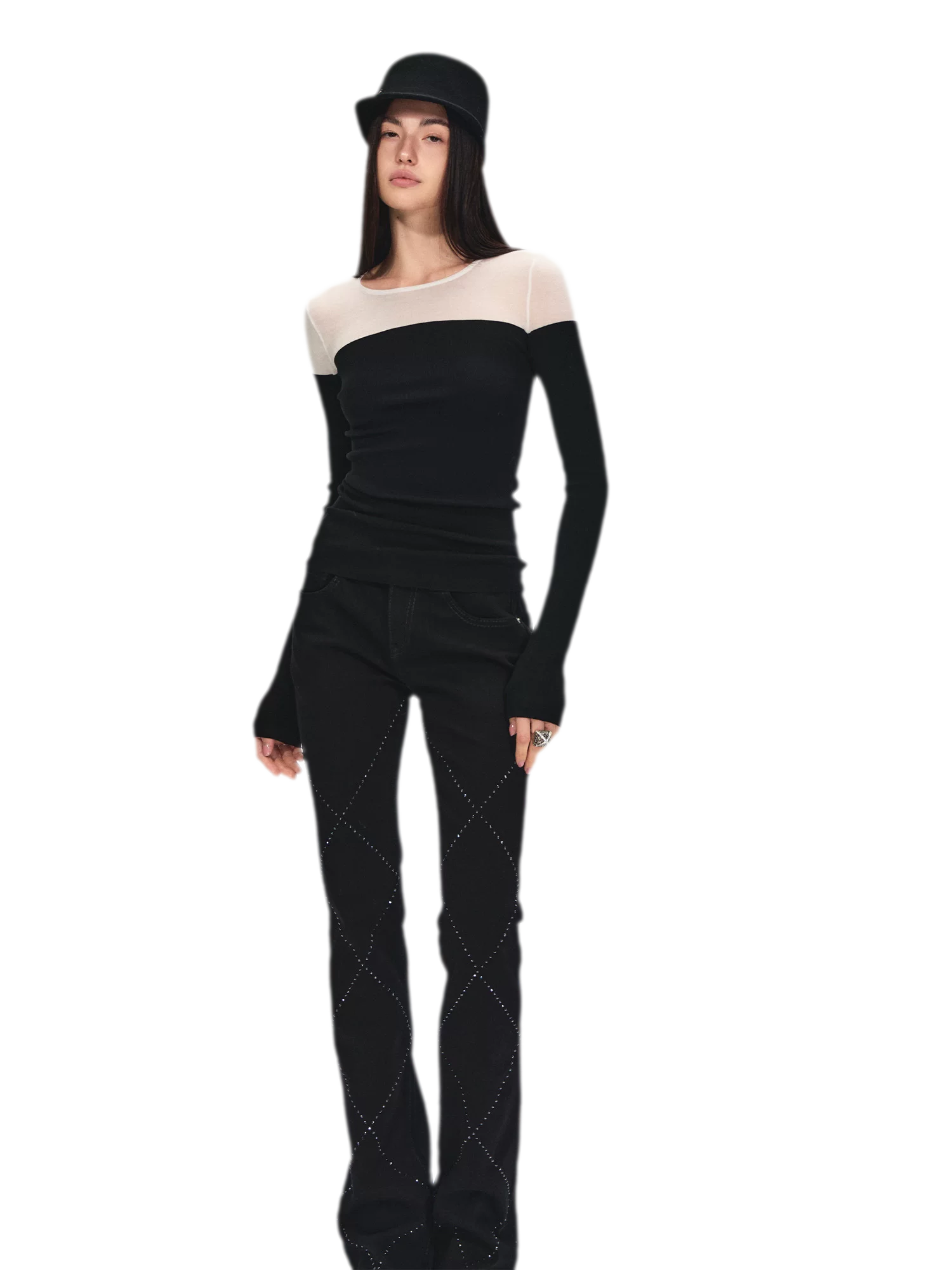 Stylish Quilted Rhinestone Mid-Low Waist Black Slim Flared