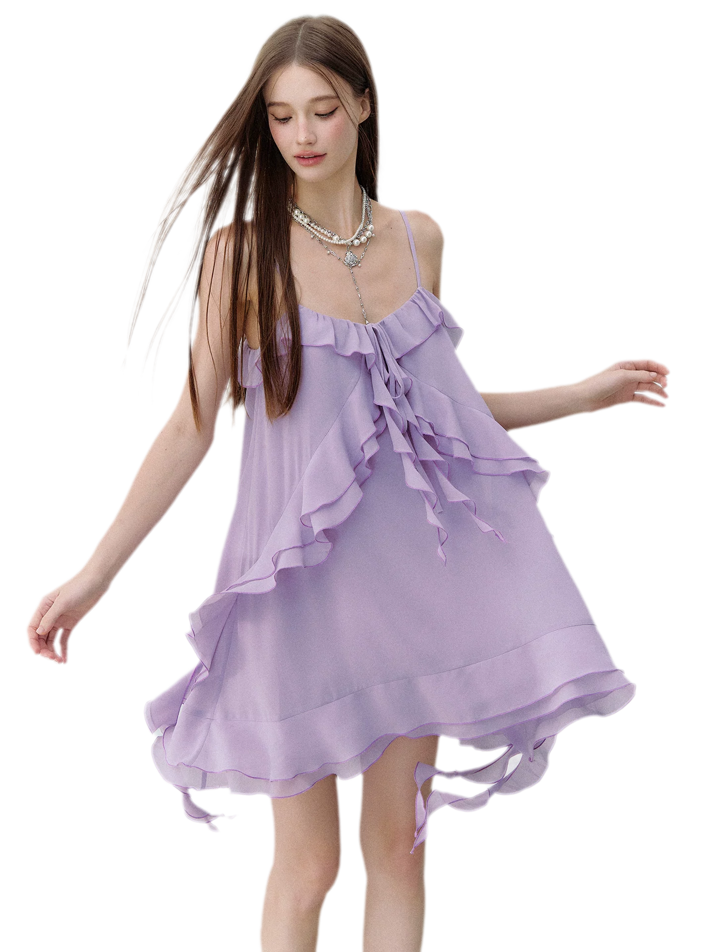 Lavender Purple Chiffon Ruffle Summer Dress