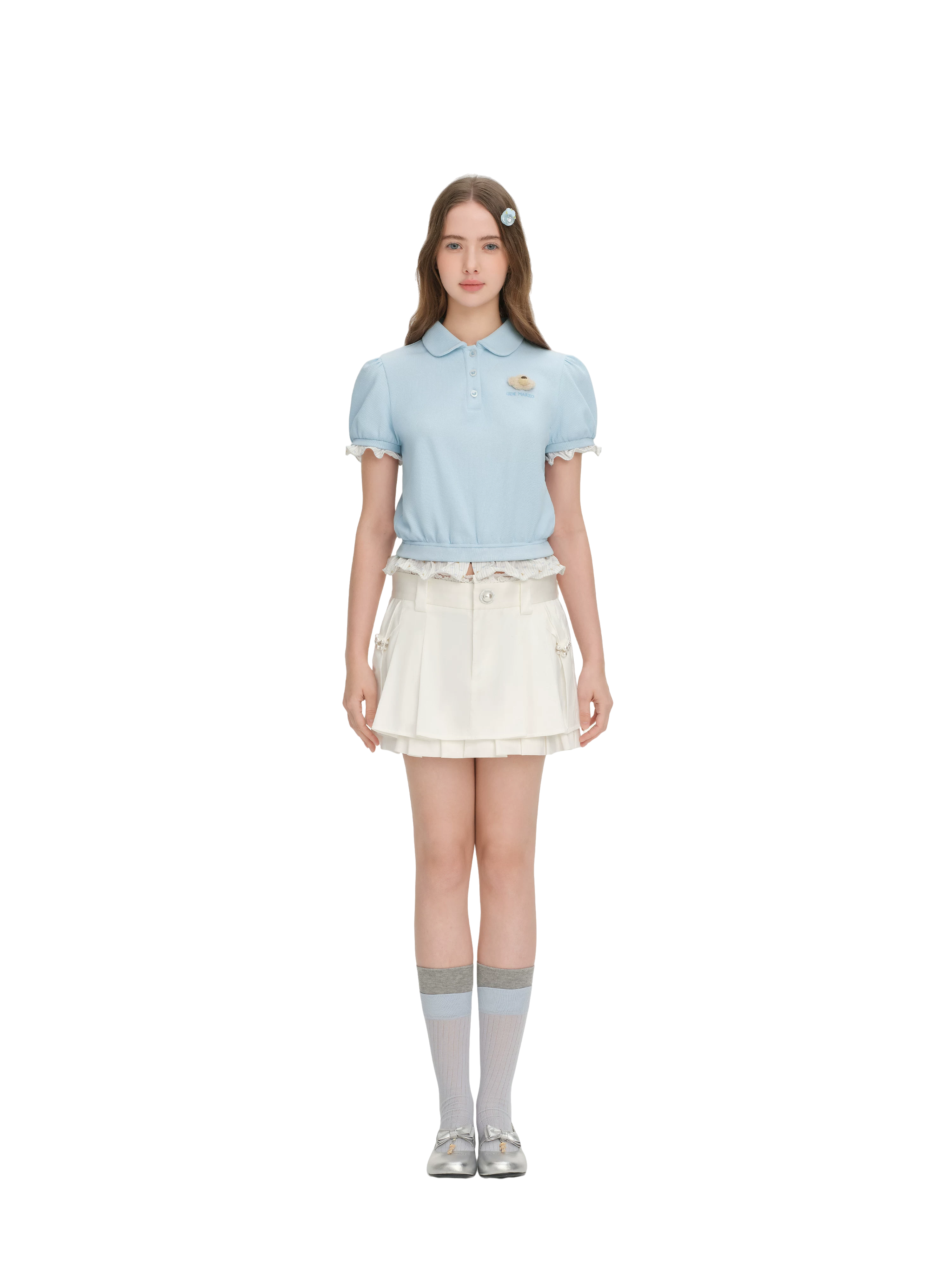 Gathered Puff Sleeve Polo T-shirt