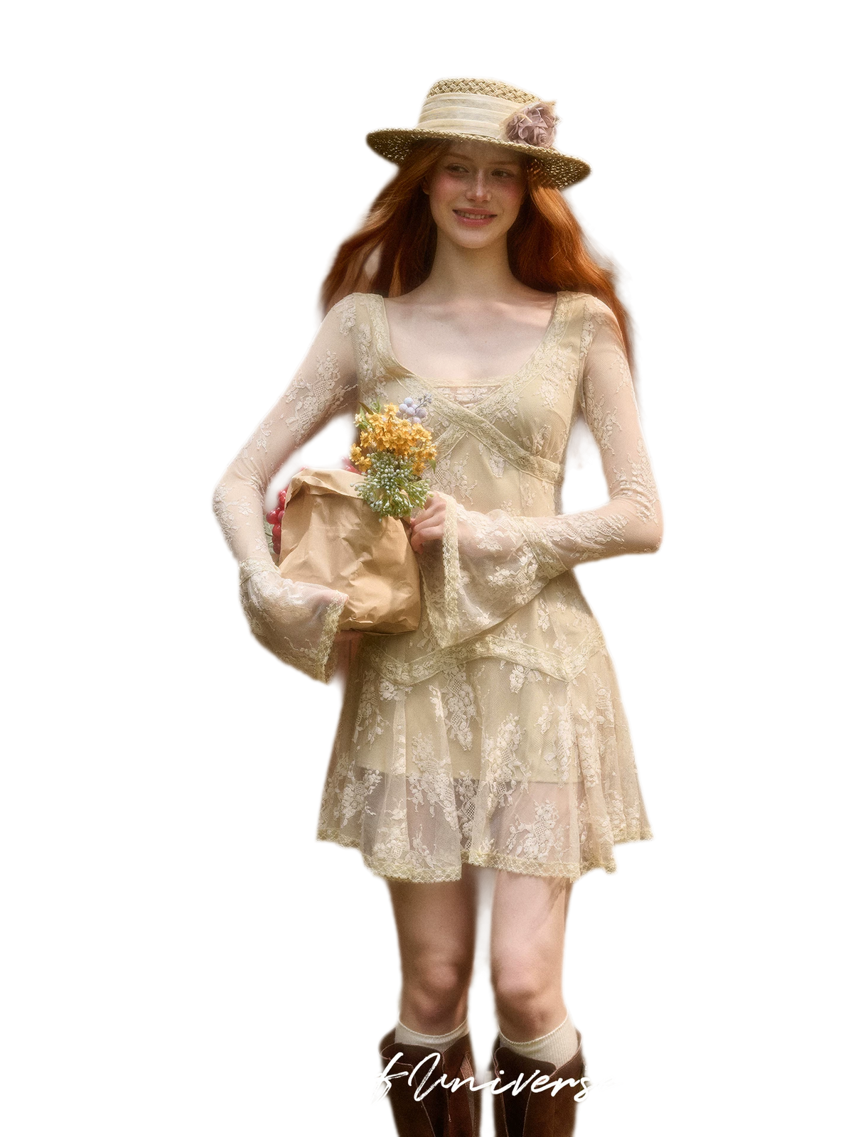 Embossed Lace Cinched Waist Dress