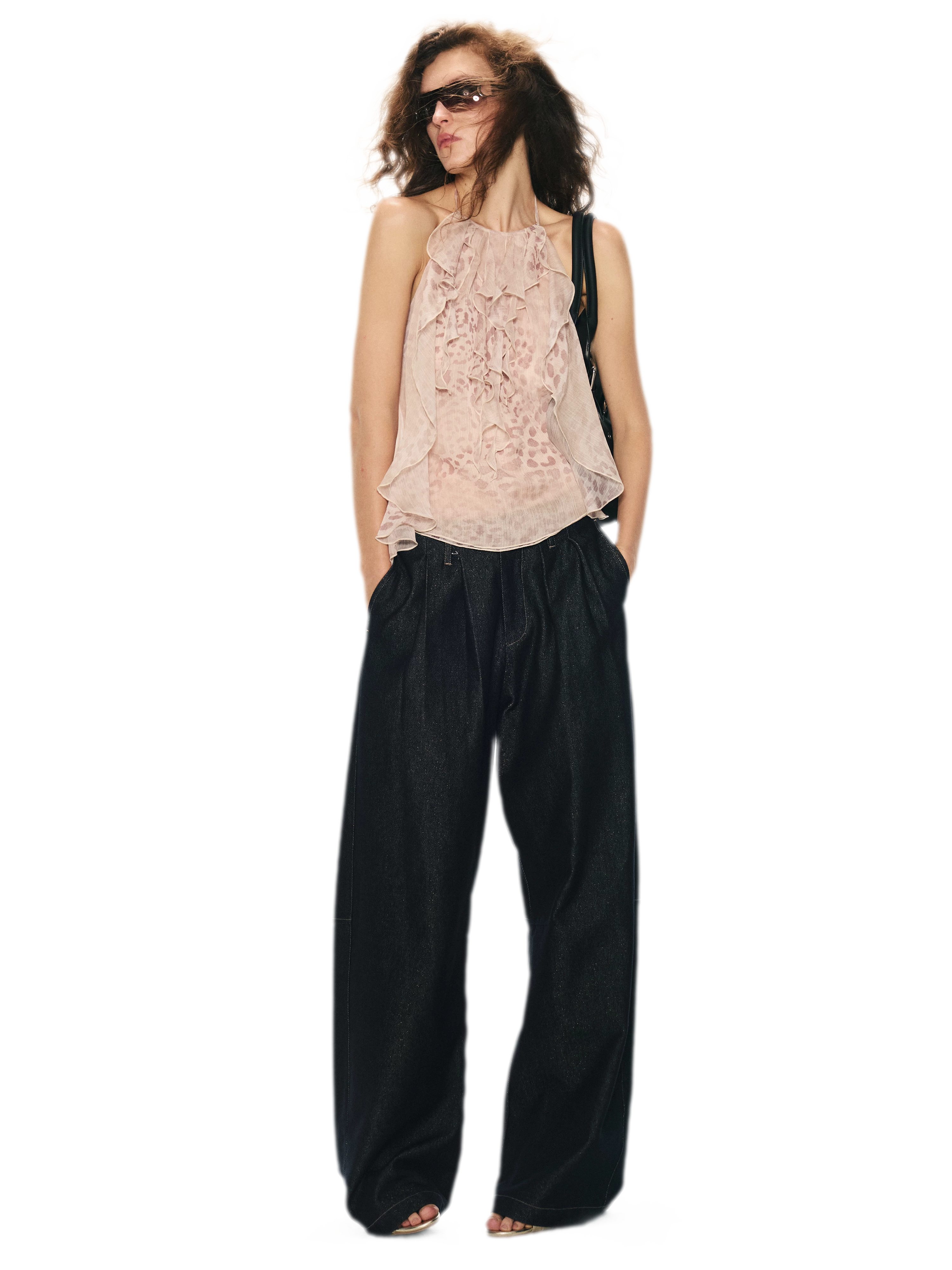 Off-Shoulder Halter Chiffon Check Print Top