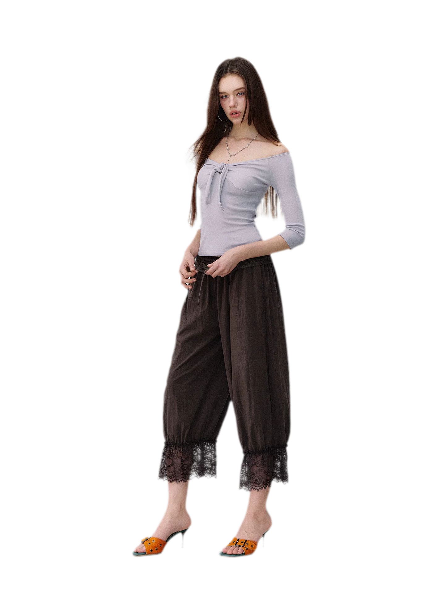 Relaxed Fit Tencel Lace Patchwork Wide Leg Pants