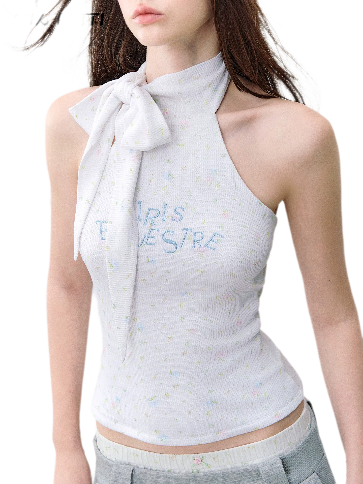 Printed Bow-Tie Halter Cropped Vest