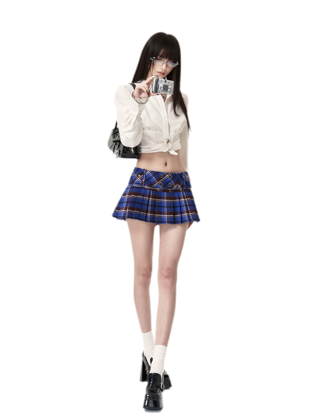 코튼 체크 플리츠 미니 스커트