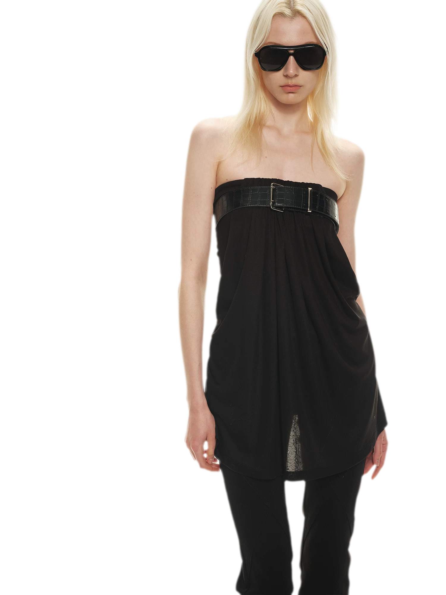 Tencel Lyocell Strapless Waist-Accentuated Top with Belt
