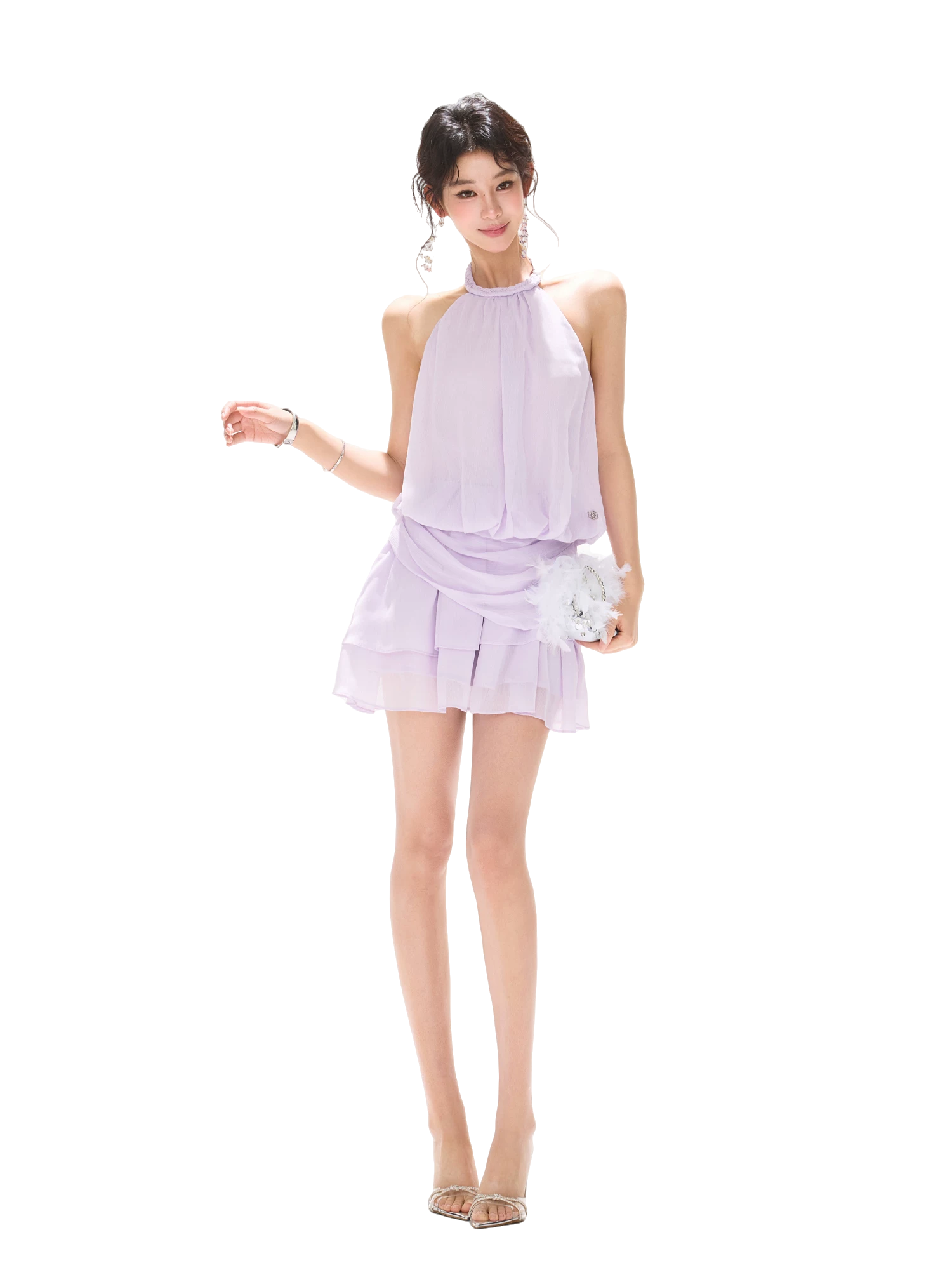 Halter Neck Sleeveless Chiffon A-Line Dress