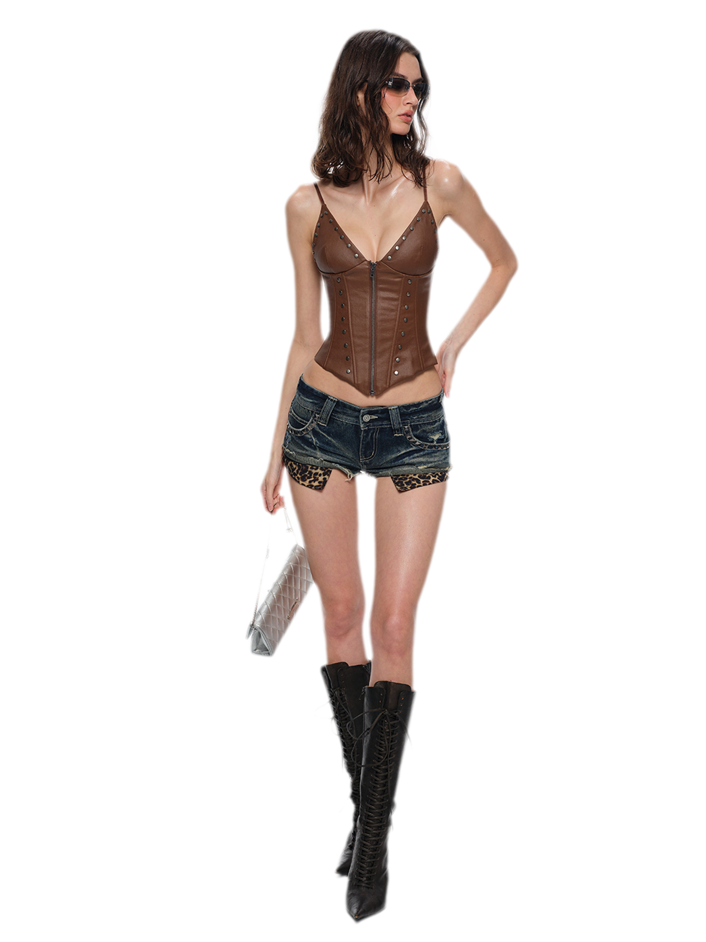 Washed Leopard Denim Shorts