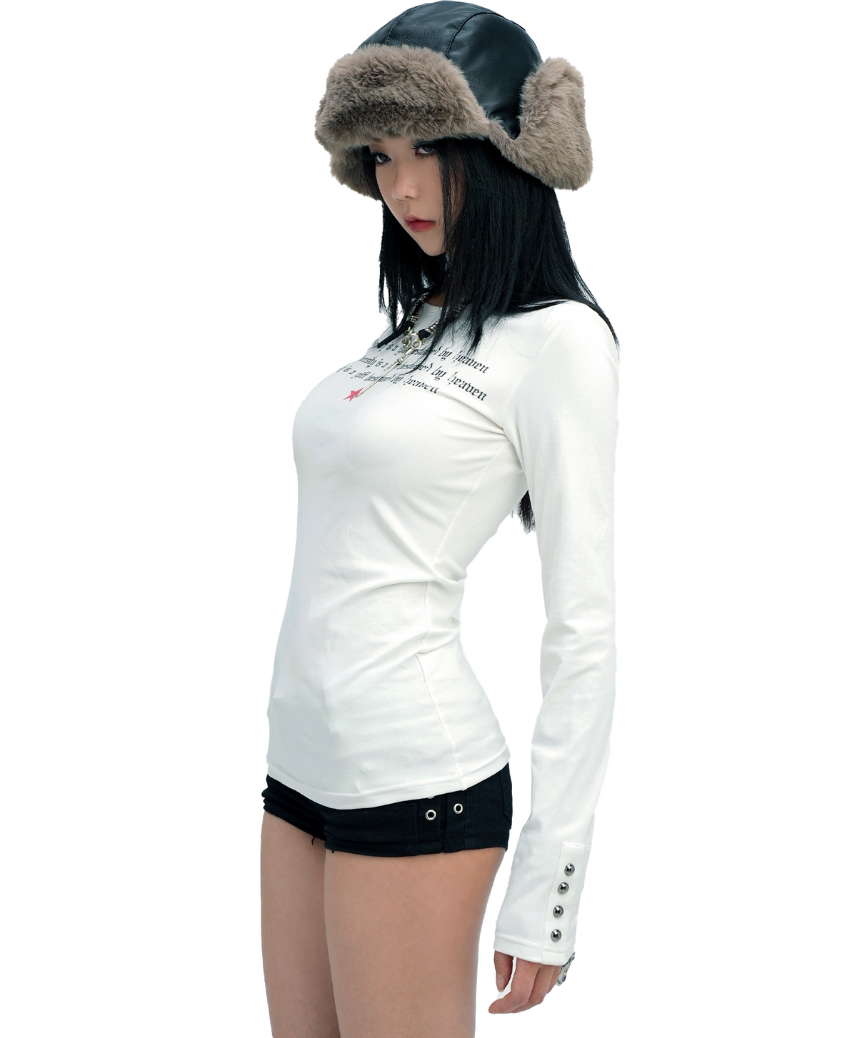 Studded Slogan Fitted Long-Sleeve Top