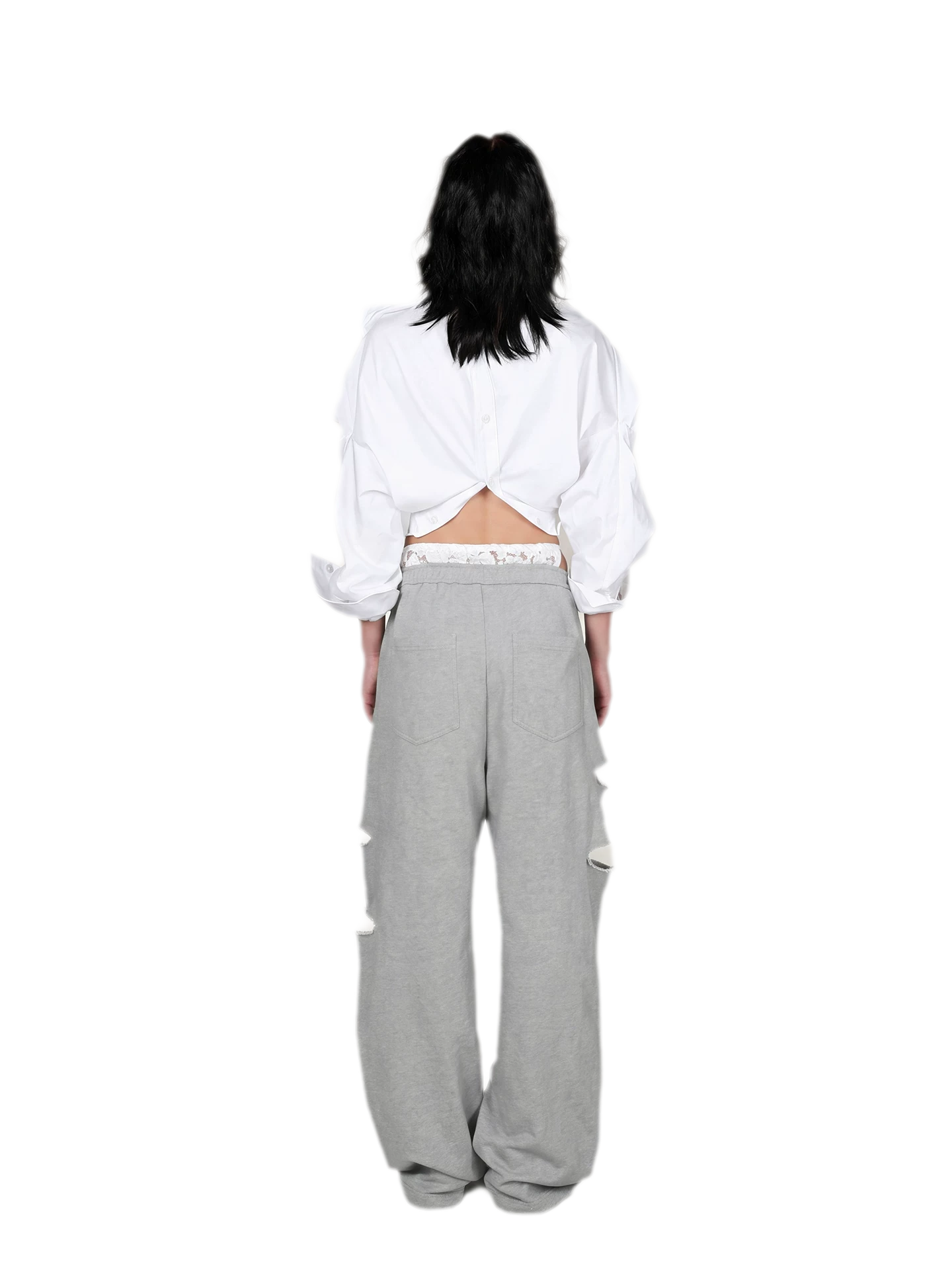 Lace Waist Distressed Pants