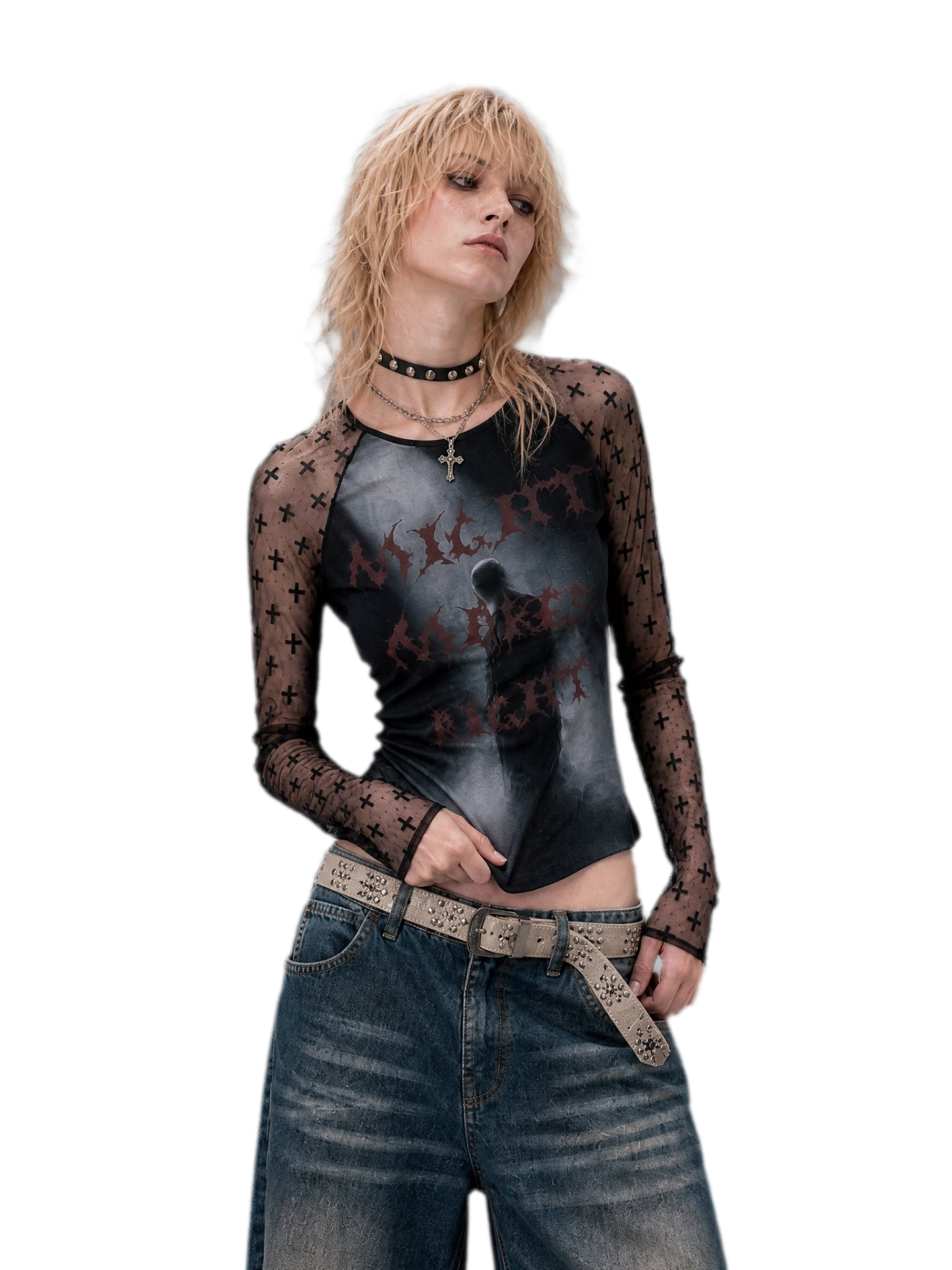 Sheer Graphic Cropped Long-Sleeve Tee