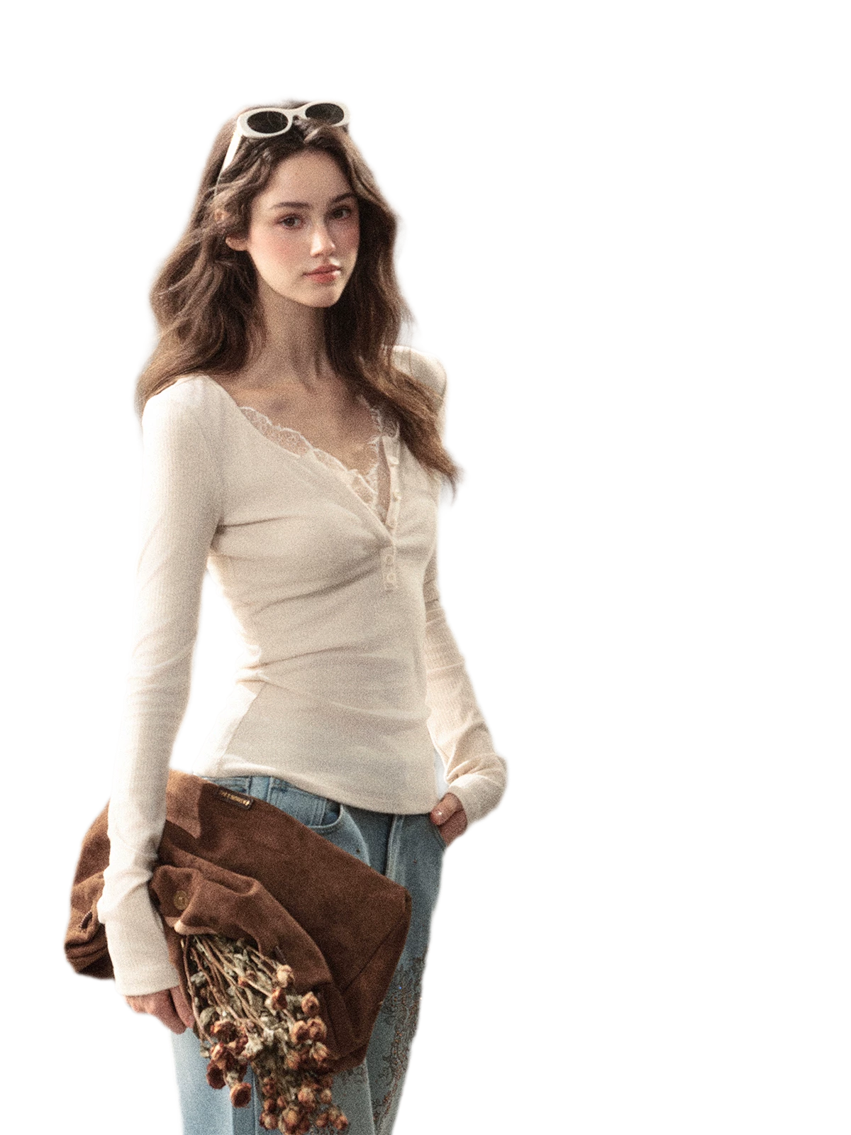Top in costina spazzolata con pizzo e scollo a V