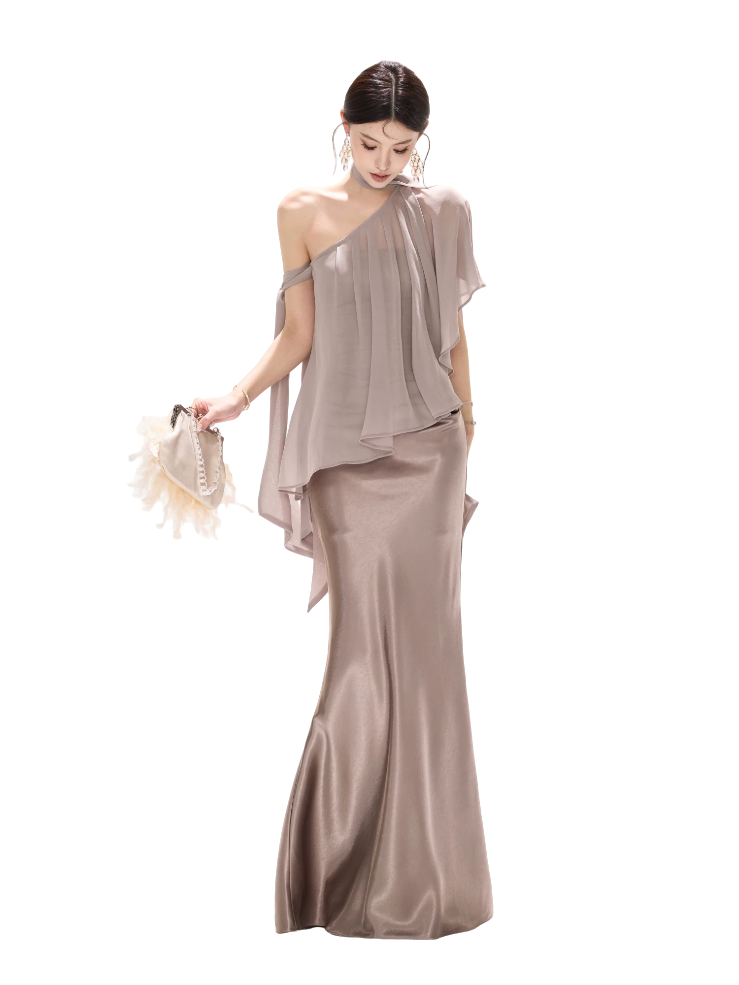 Elegant Asymmetric Chiffon Shawl Top with Built-in Bustier