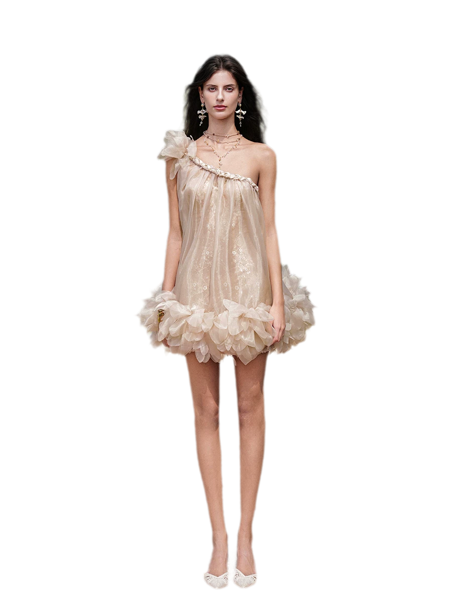 Sequined One-Shoulder Organza Dress