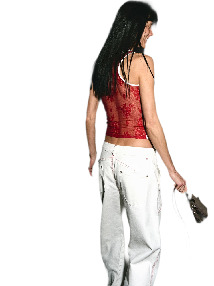 Lace Panel Slim Fit Striped Shoulder Vest Top