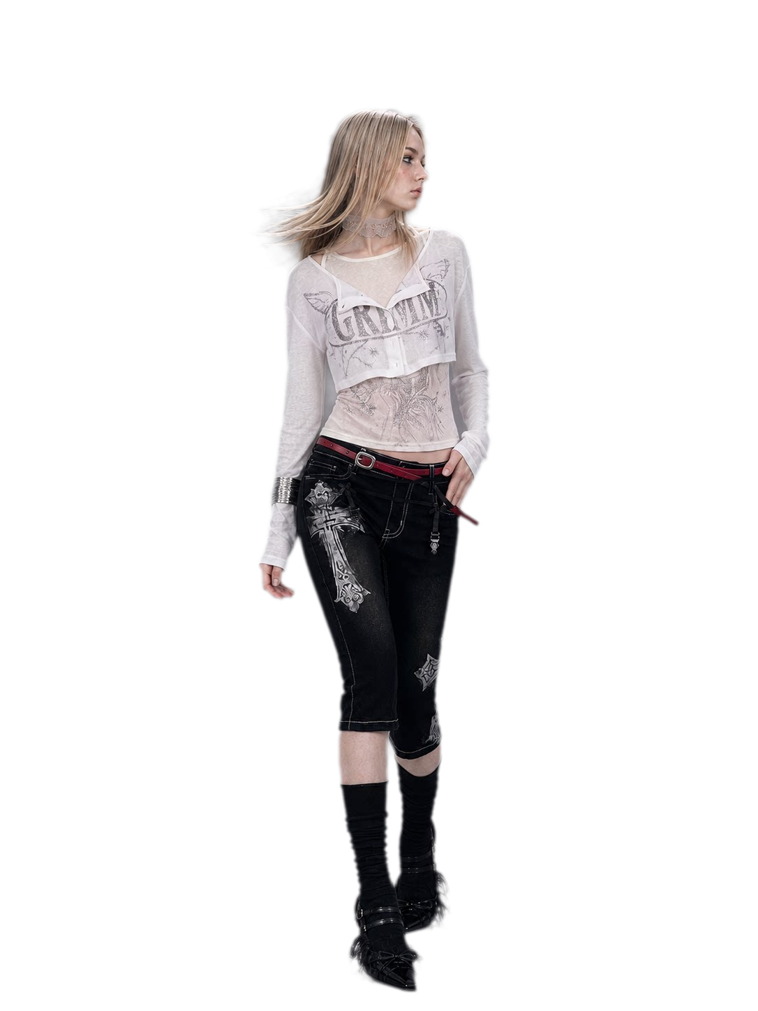 Silver Print Fitted Long-Sleeve Tee