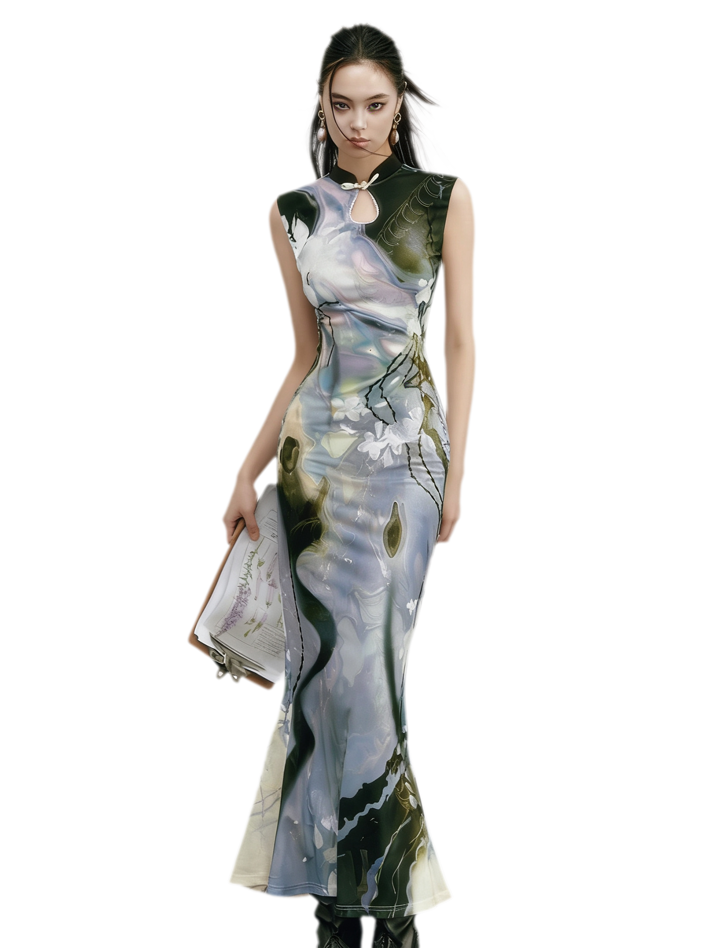 Black Rose Impressionist Print High-Waist Mermaid Dress