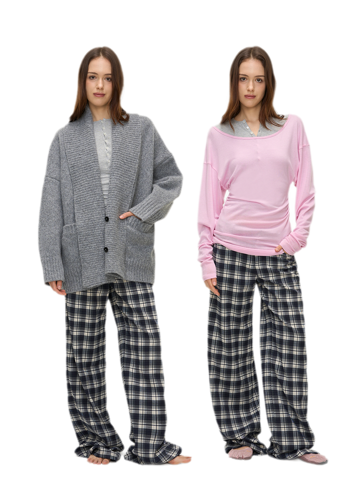 Brushed Plaid Wide-Leg Pants