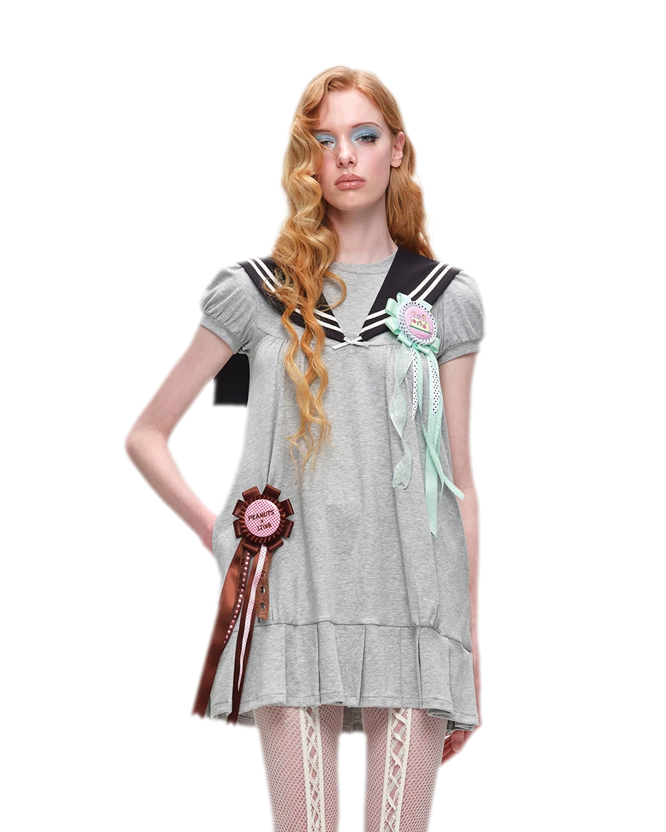 1JINN STUDIO Retro Navy Collar Pleated Dress – view 2