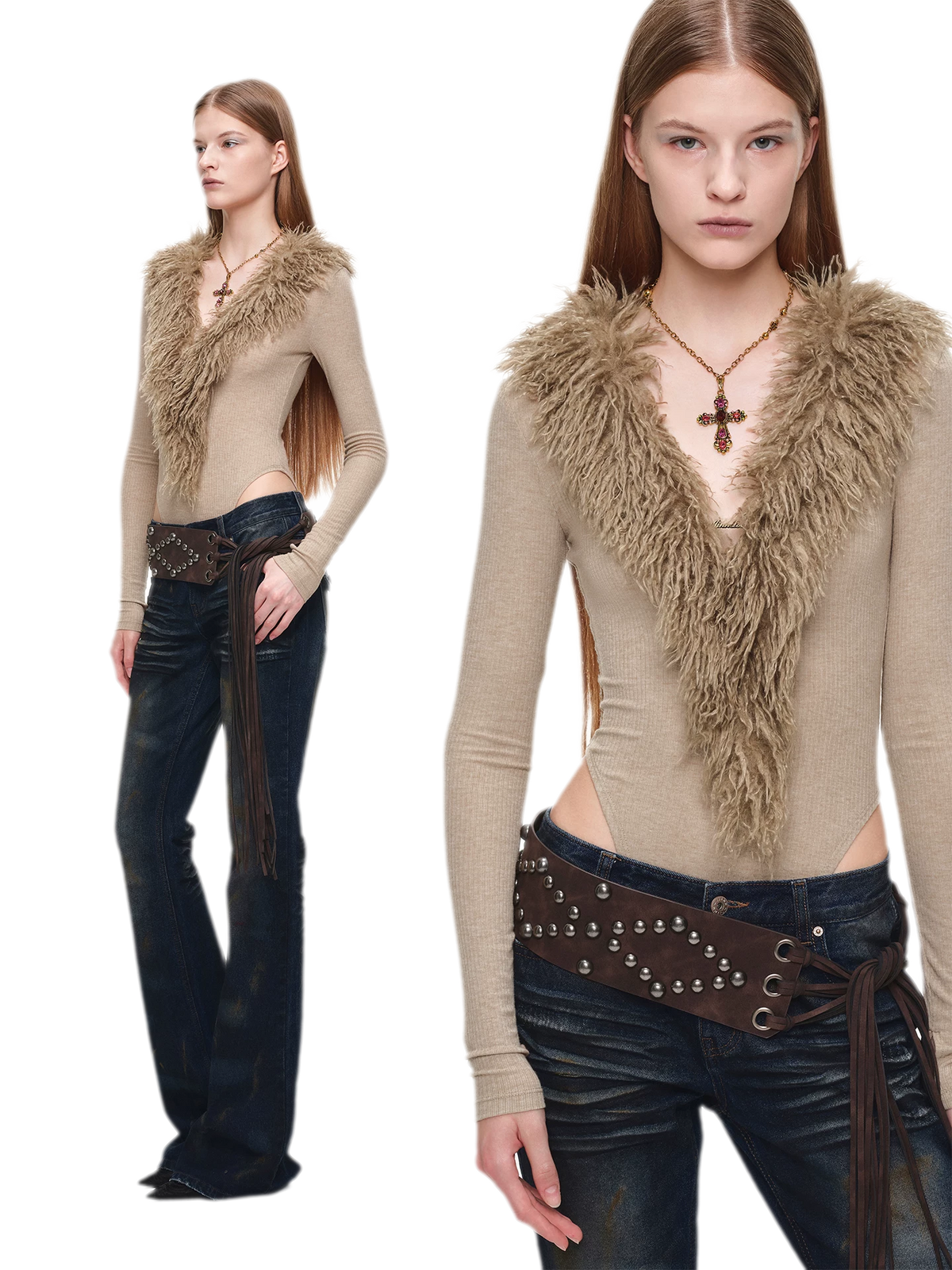 Ceinture de taille en PU à franges et clous
