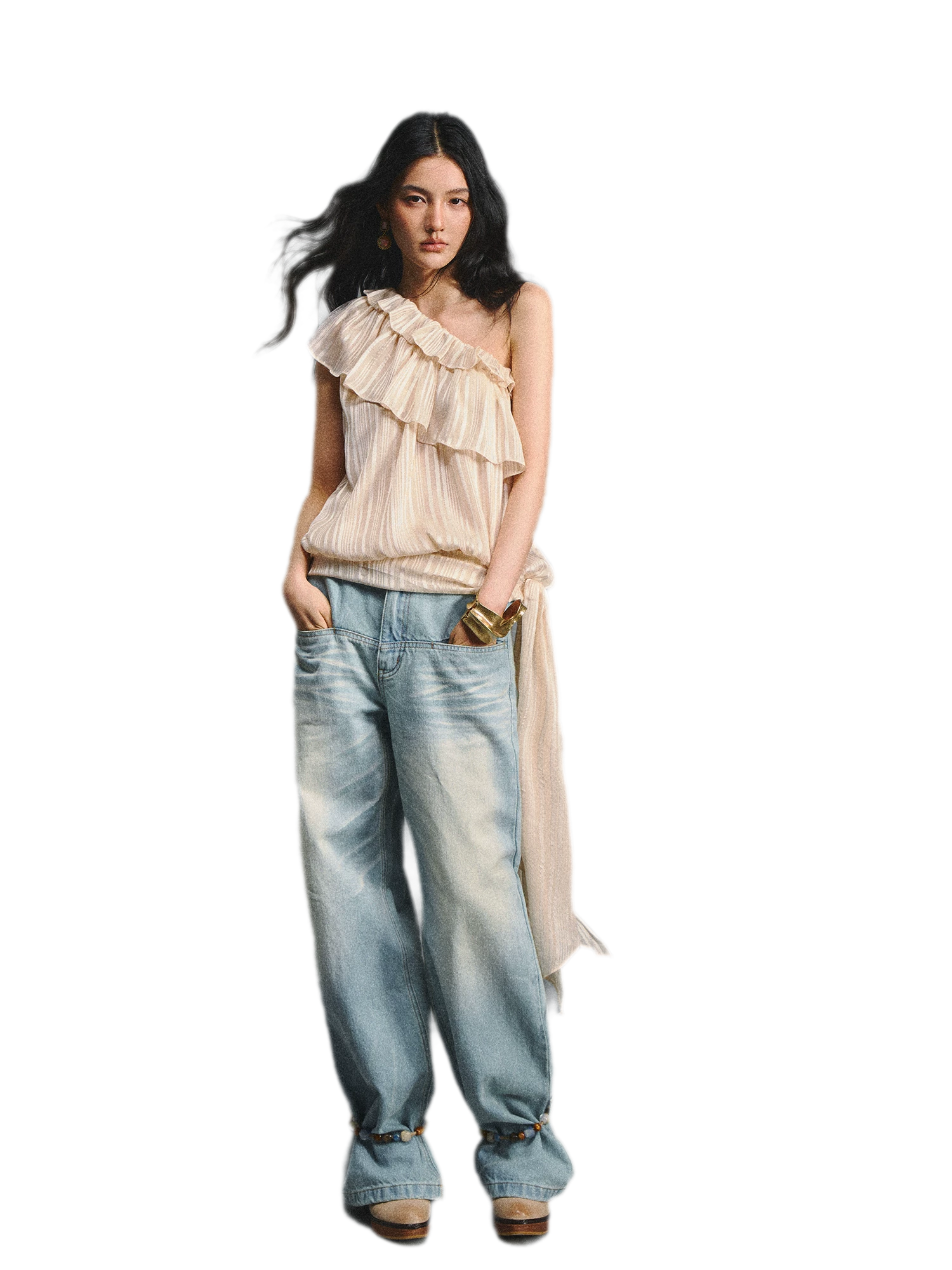 Asymmetric Ruffle Shoulder Top