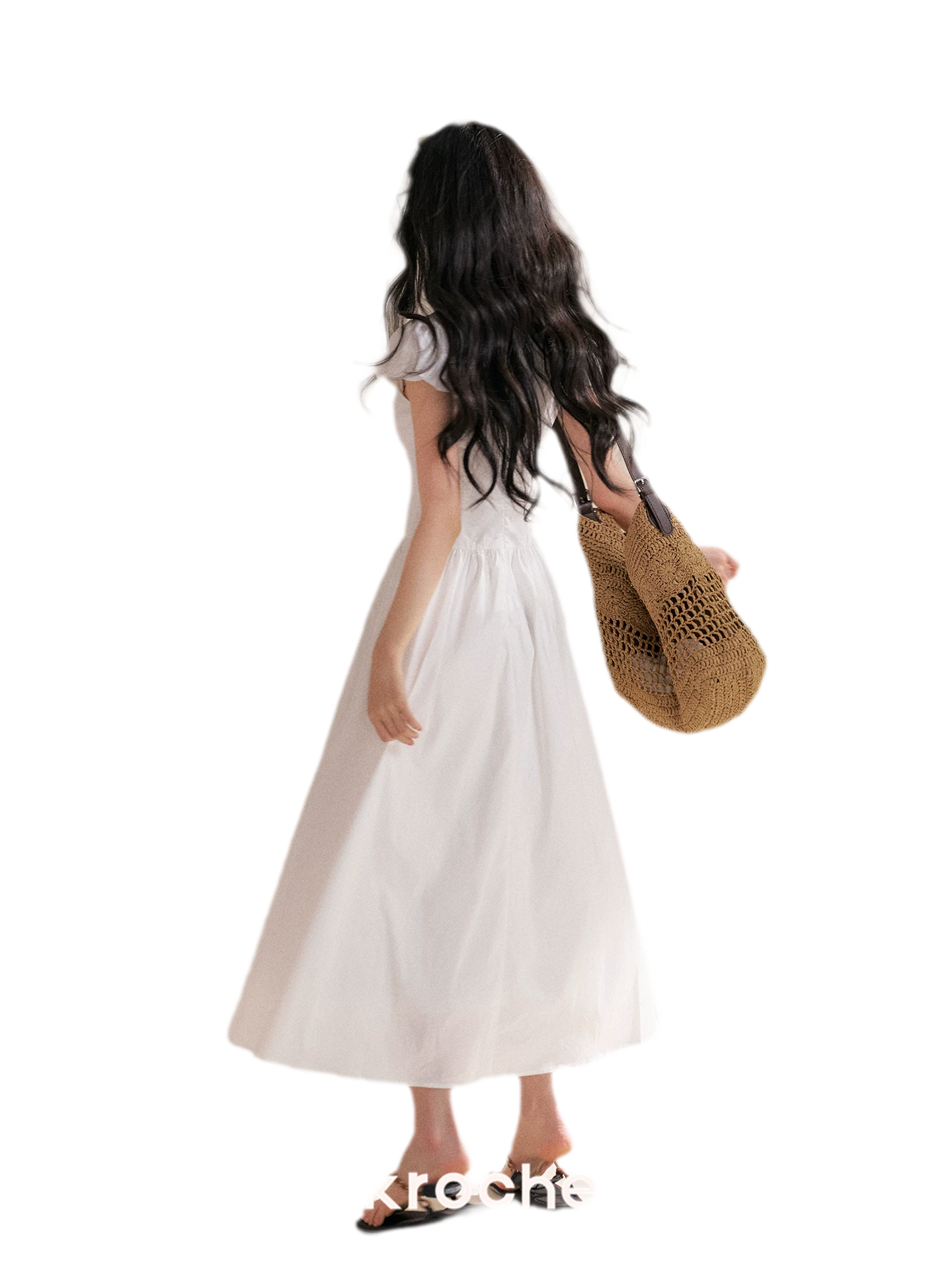 Knot Design French Lace Puff Sleeve A-Line Dress
