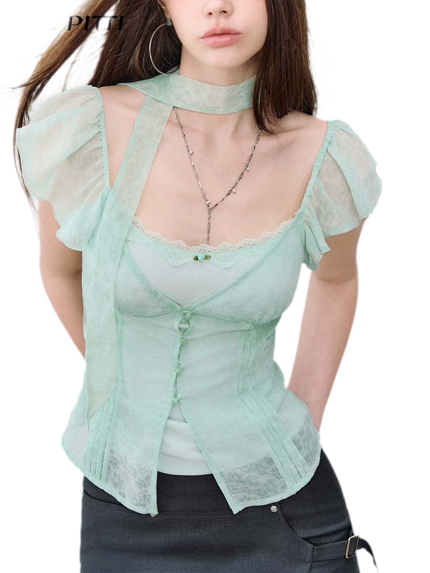 Tie-Dye Chiffon Ribbon-Neck Blouse