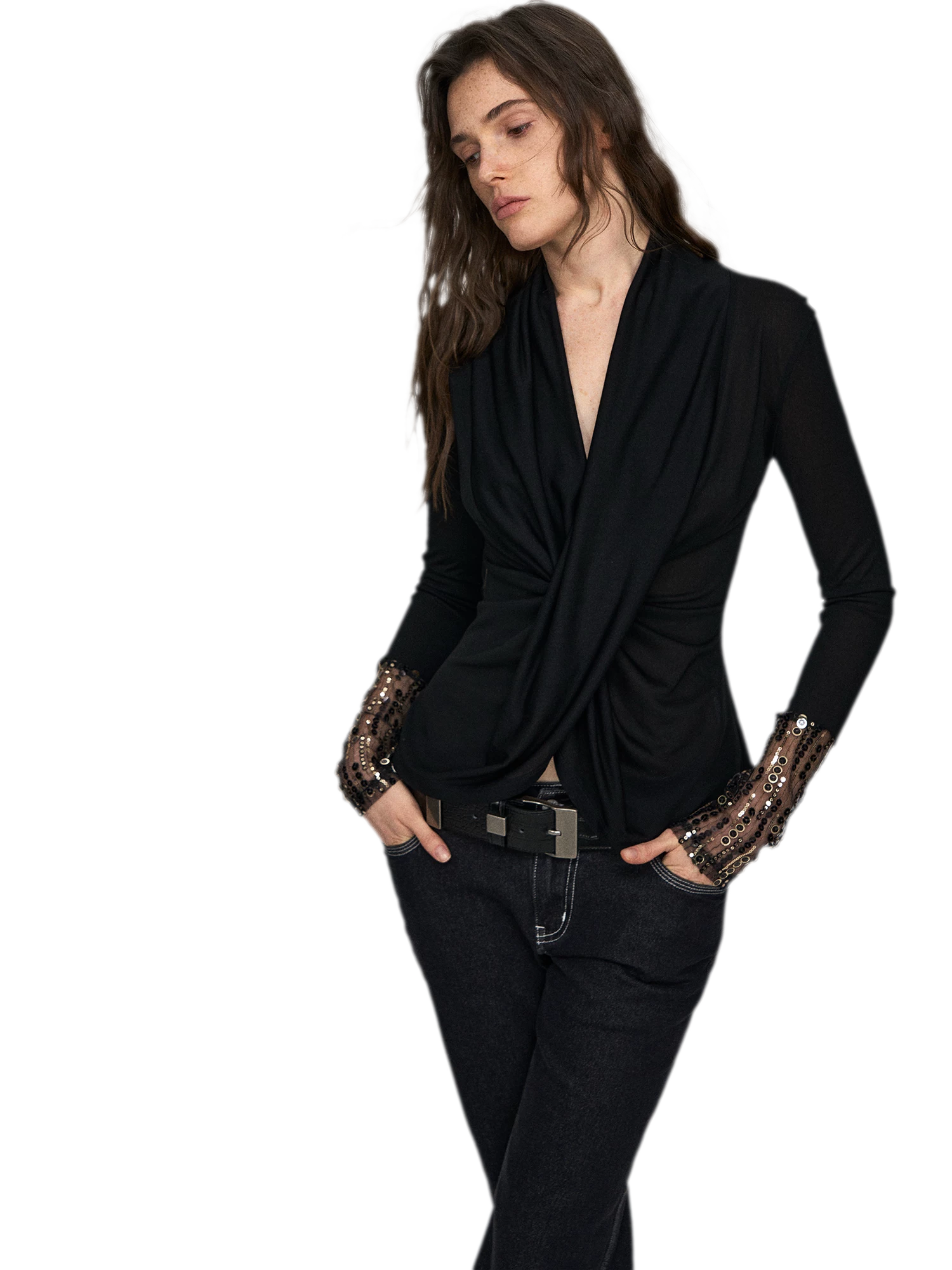 Embroidered Acetate Silk Cross-Knot Long Sleeve T-Shirt